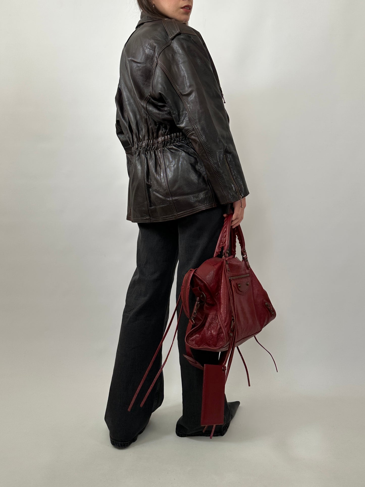 Vintage Dark Brown Leather Belted Jacket