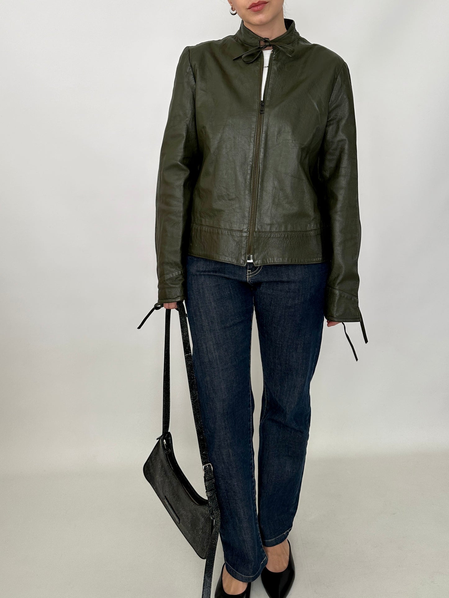 Bow detail vintage green leather jacket