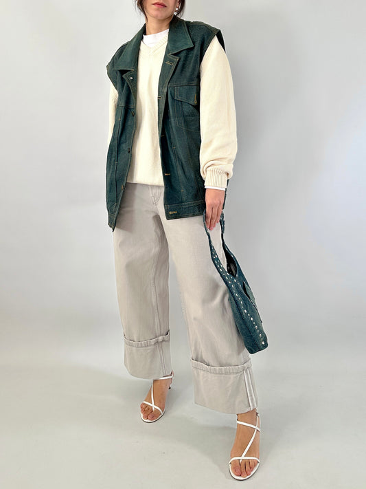 Genuine leather vest denim effect
