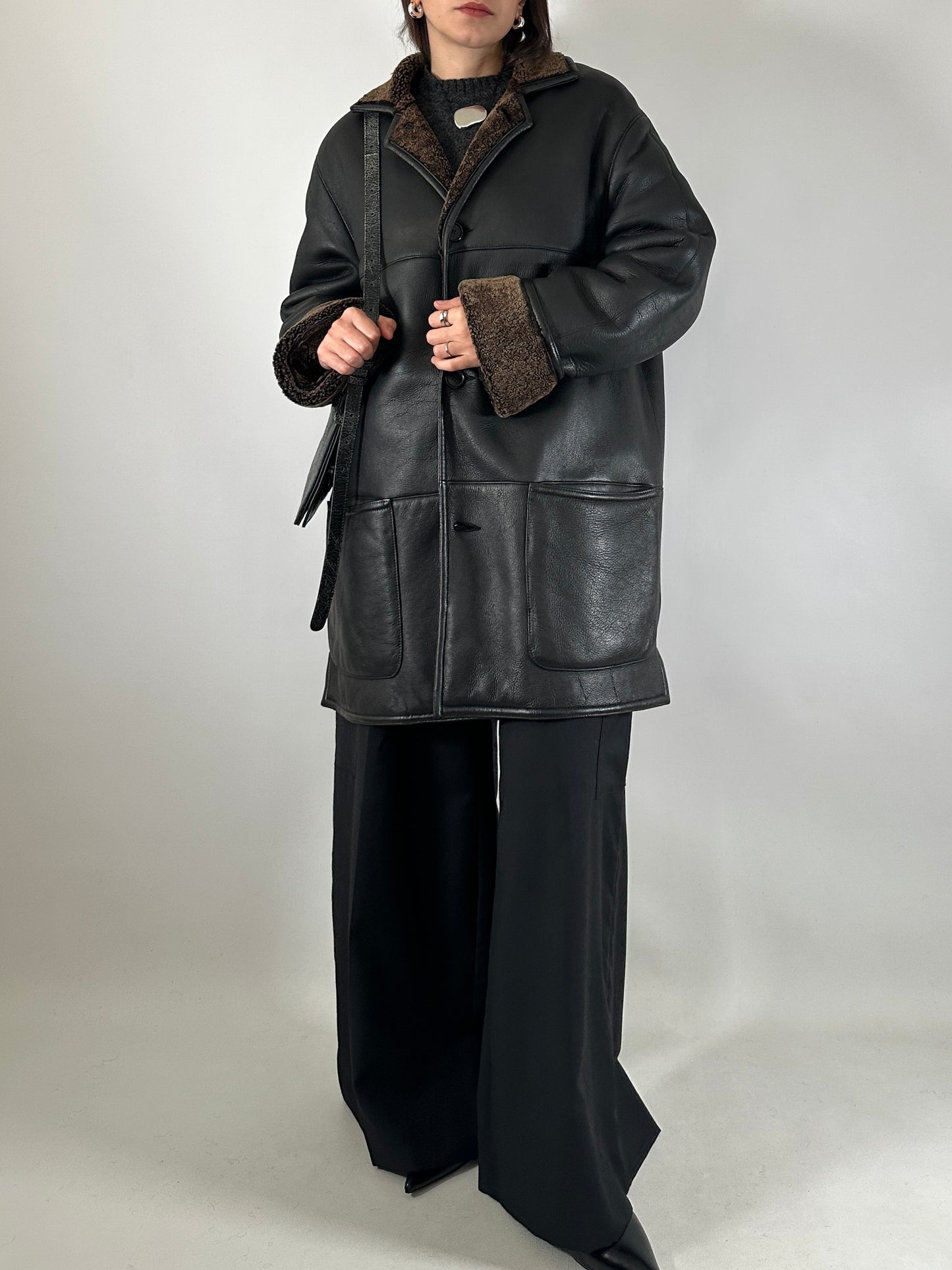Authentic vintage shearling coat in black and brown