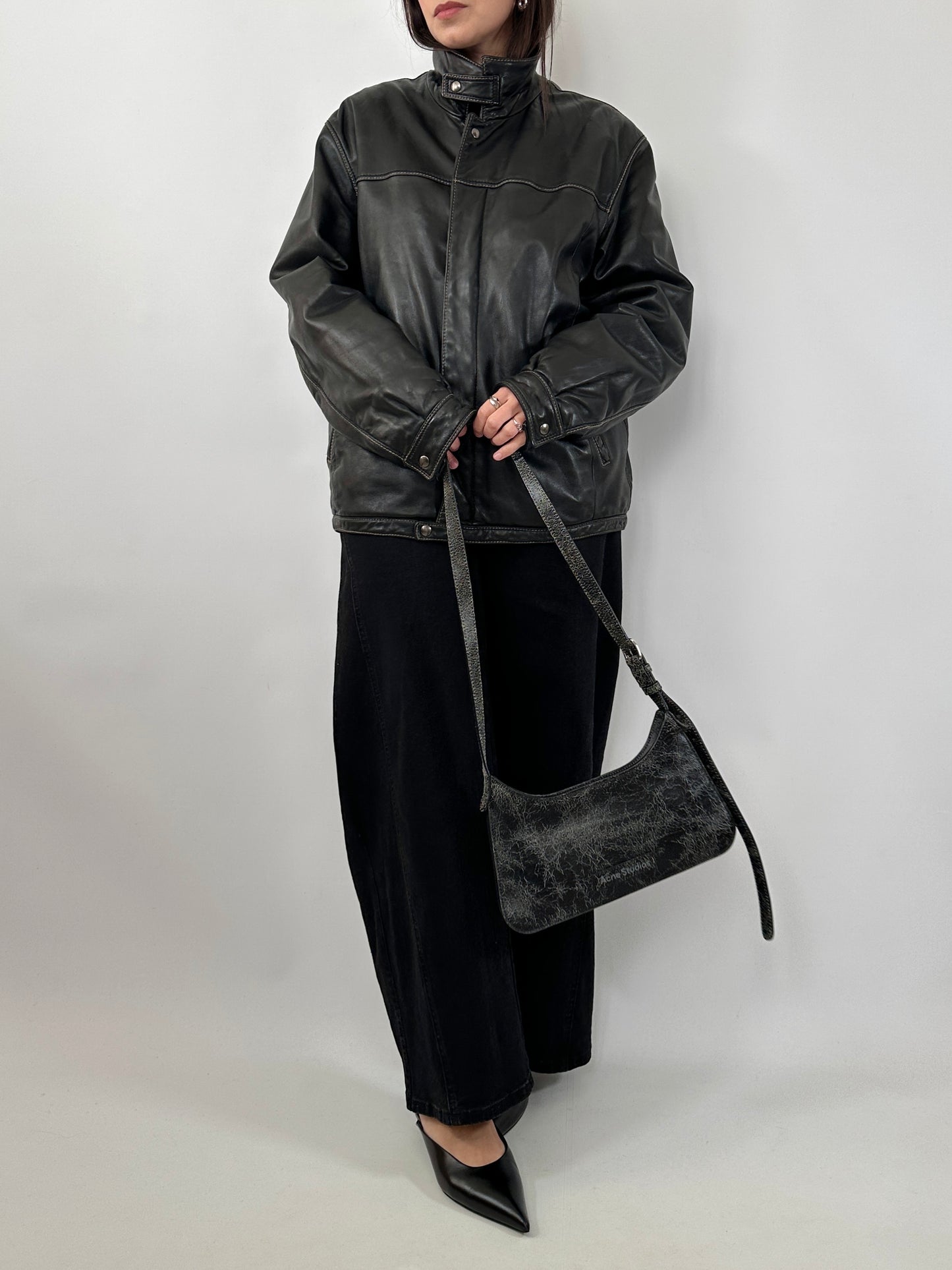 Vintage Leather Jacket with Stand Collar and Contrast Stitching