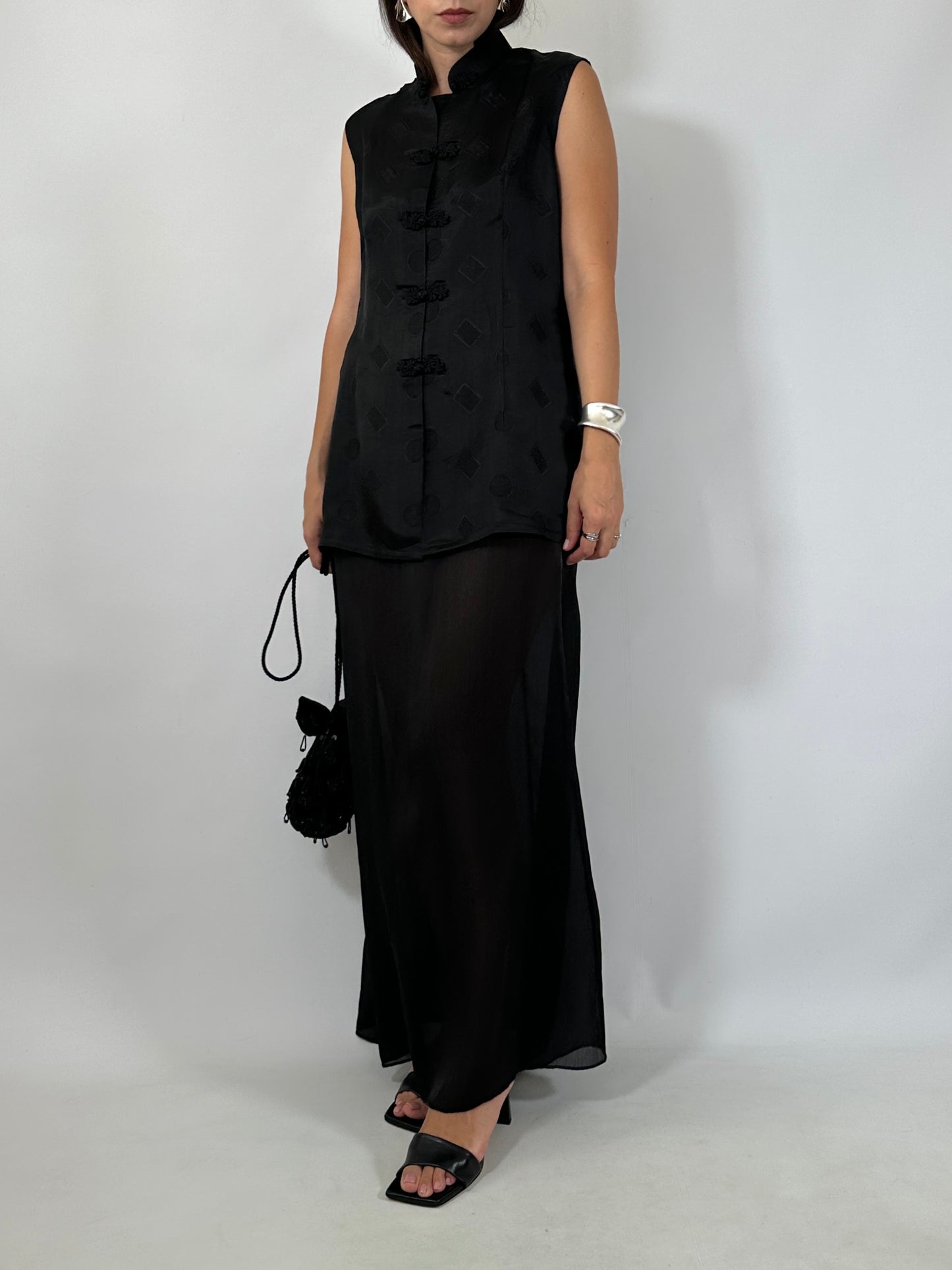 Black Silk Jacquard Frog Closure Blouse