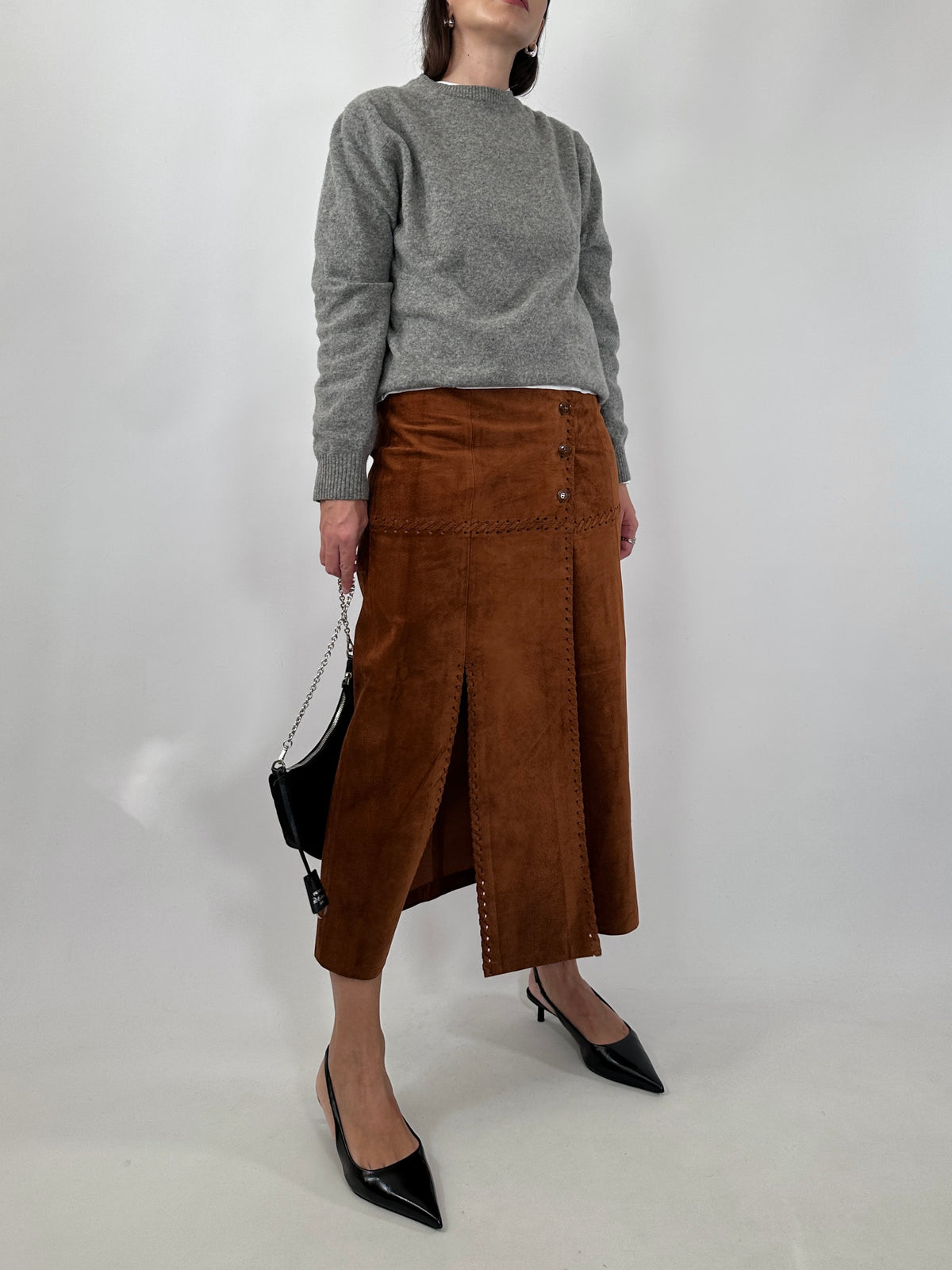 Suede Double Slit Midi Skirt
