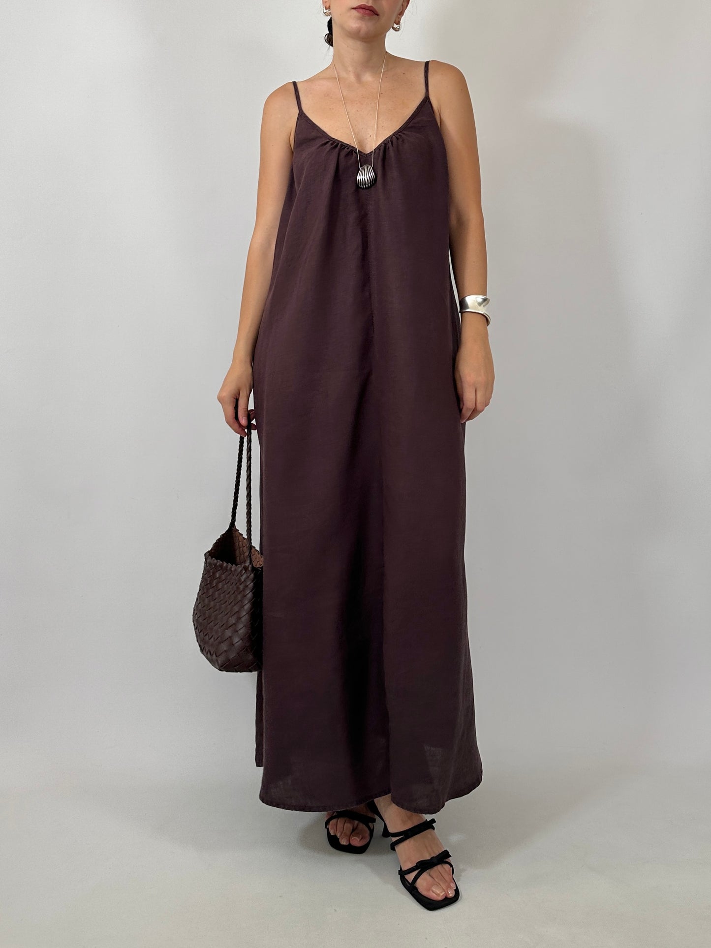 Chocolate Brown 100% Linen Maxi Dress