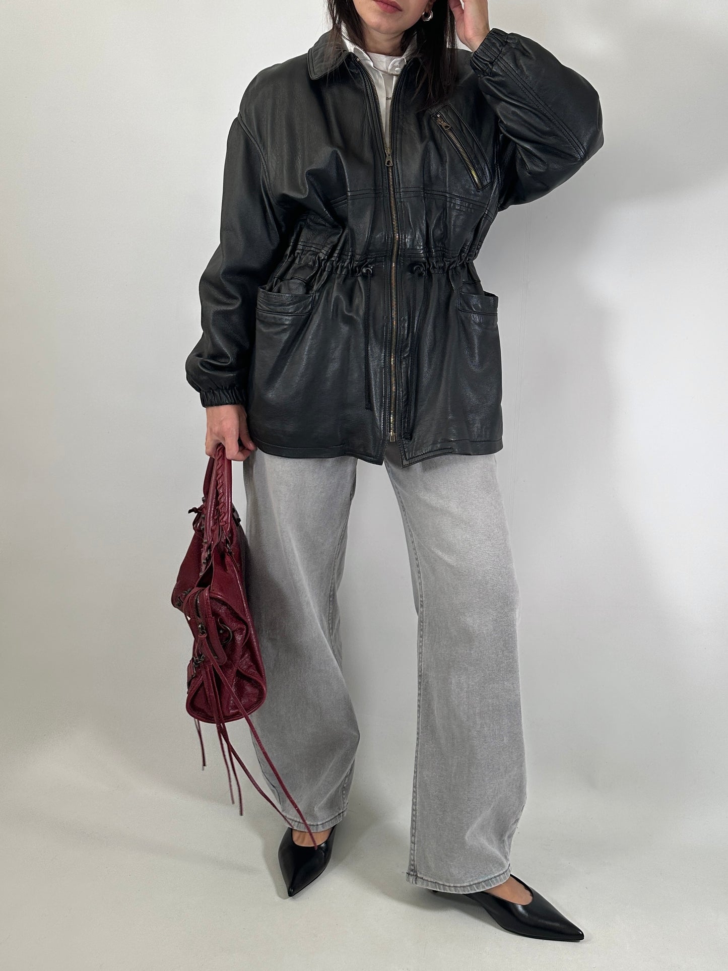 Vintage leather jacket with waist tie detail