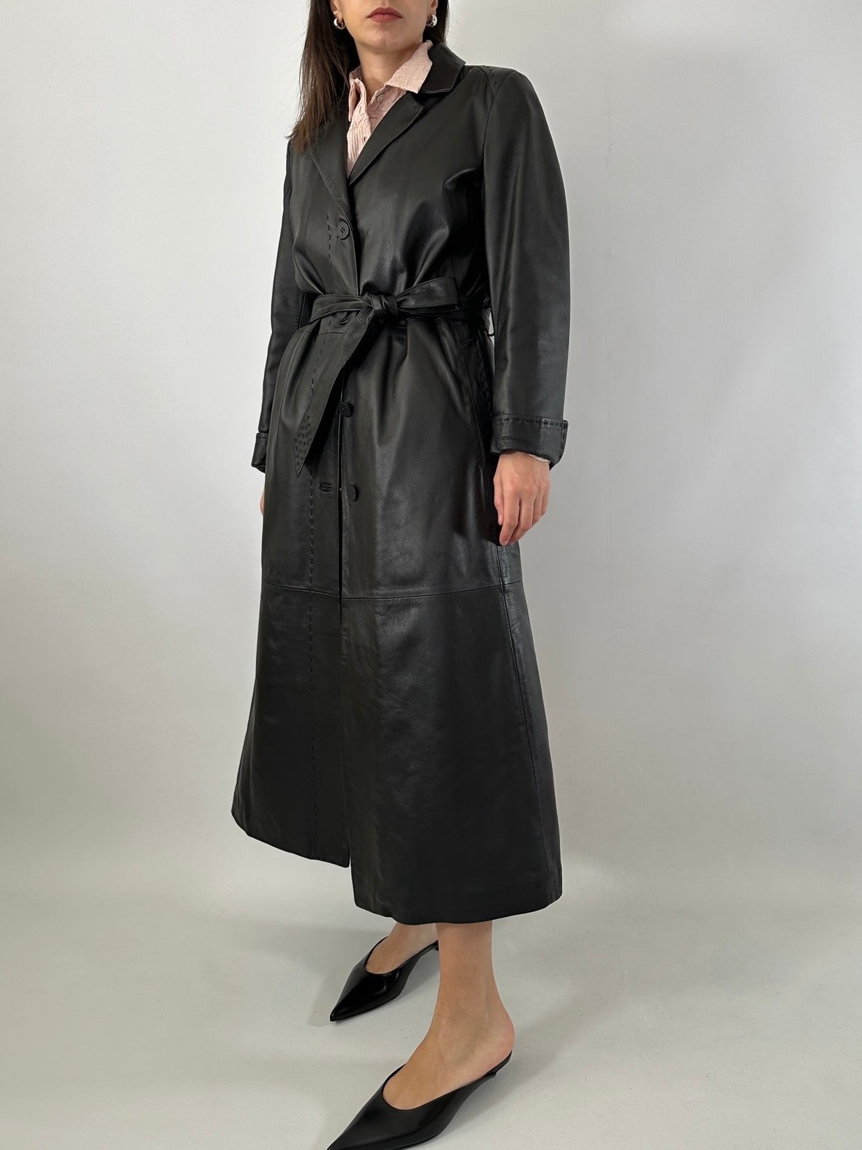 Extra-long nappa leather vintage trench coat
