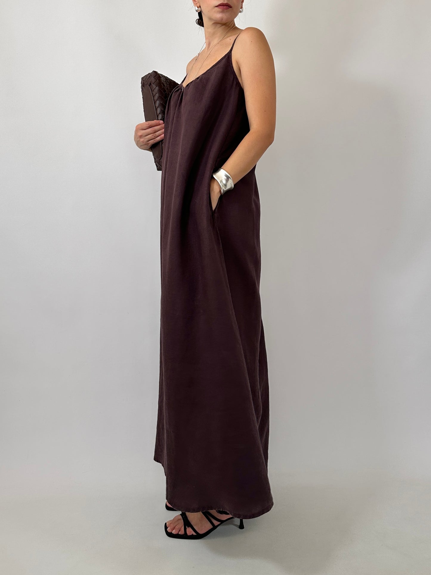 Chocolate Brown 100% Linen Maxi Dress
