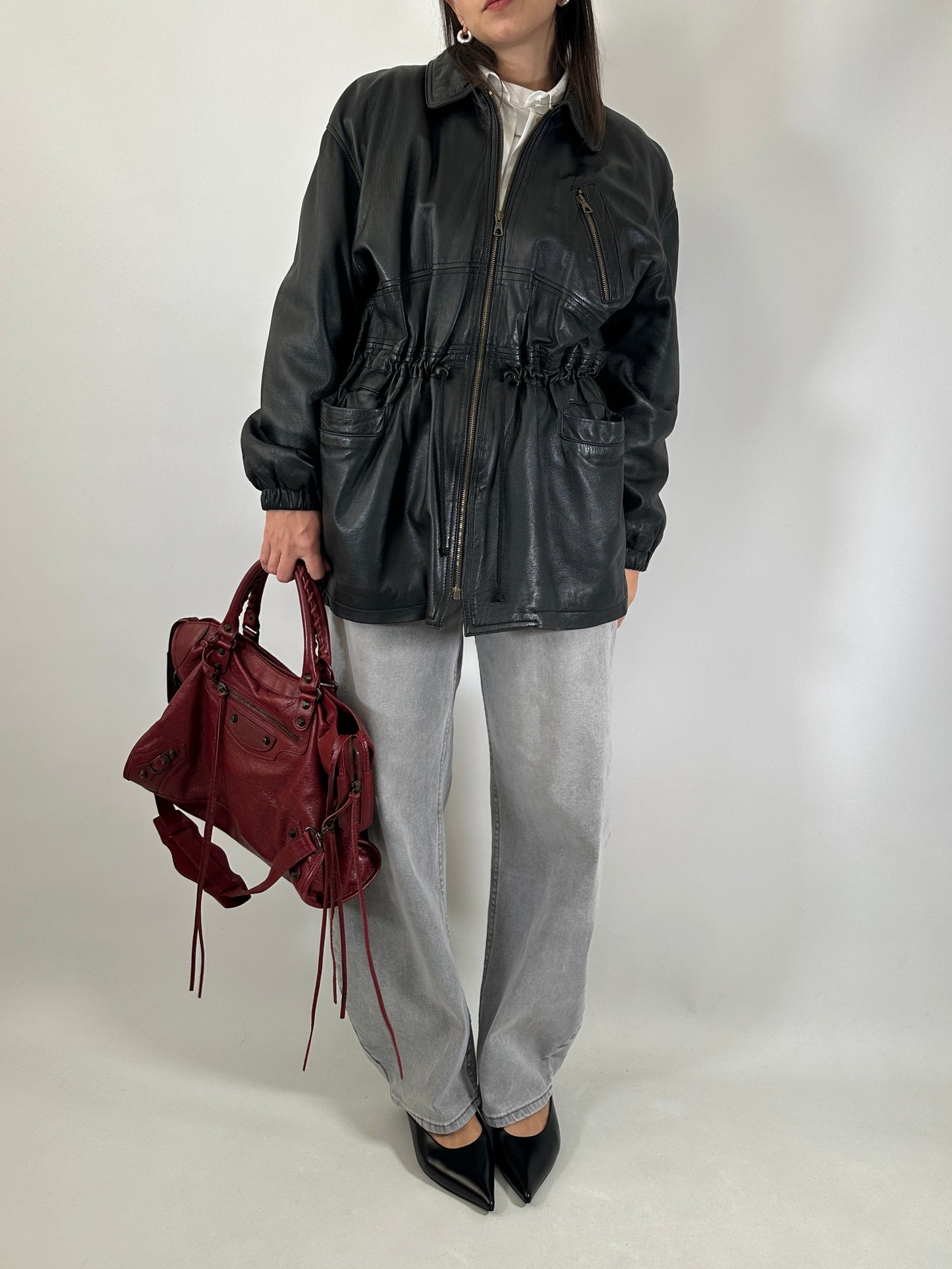 Vintage leather jacket with waist tie detail