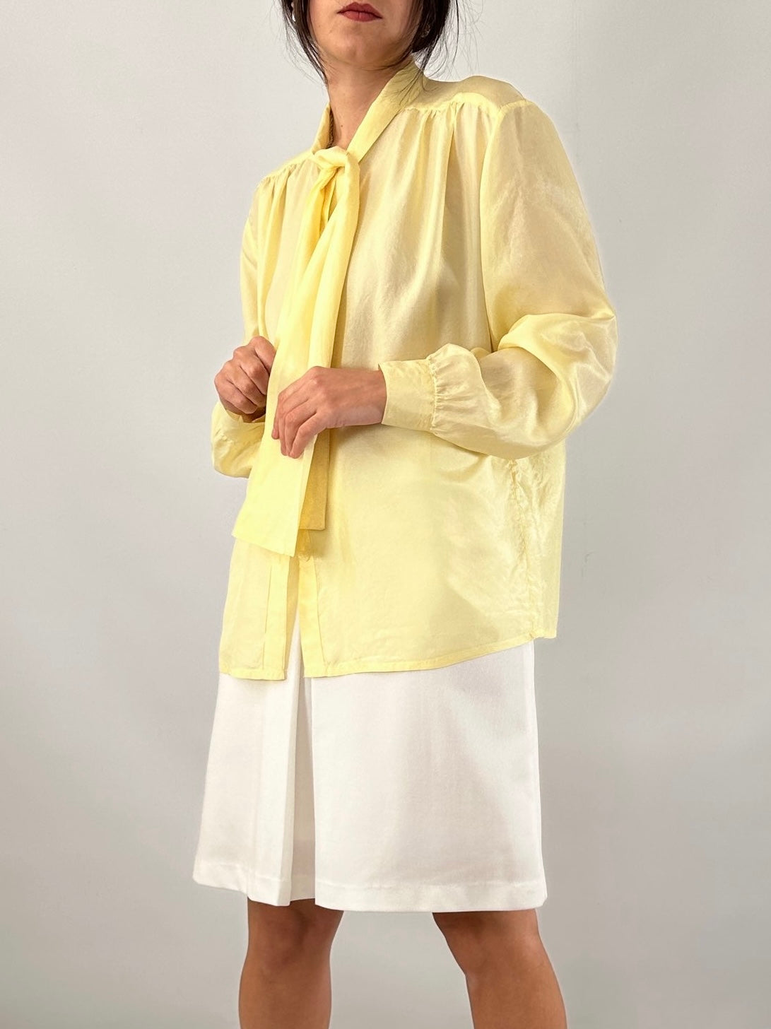 Butter yellow silk bow shirt