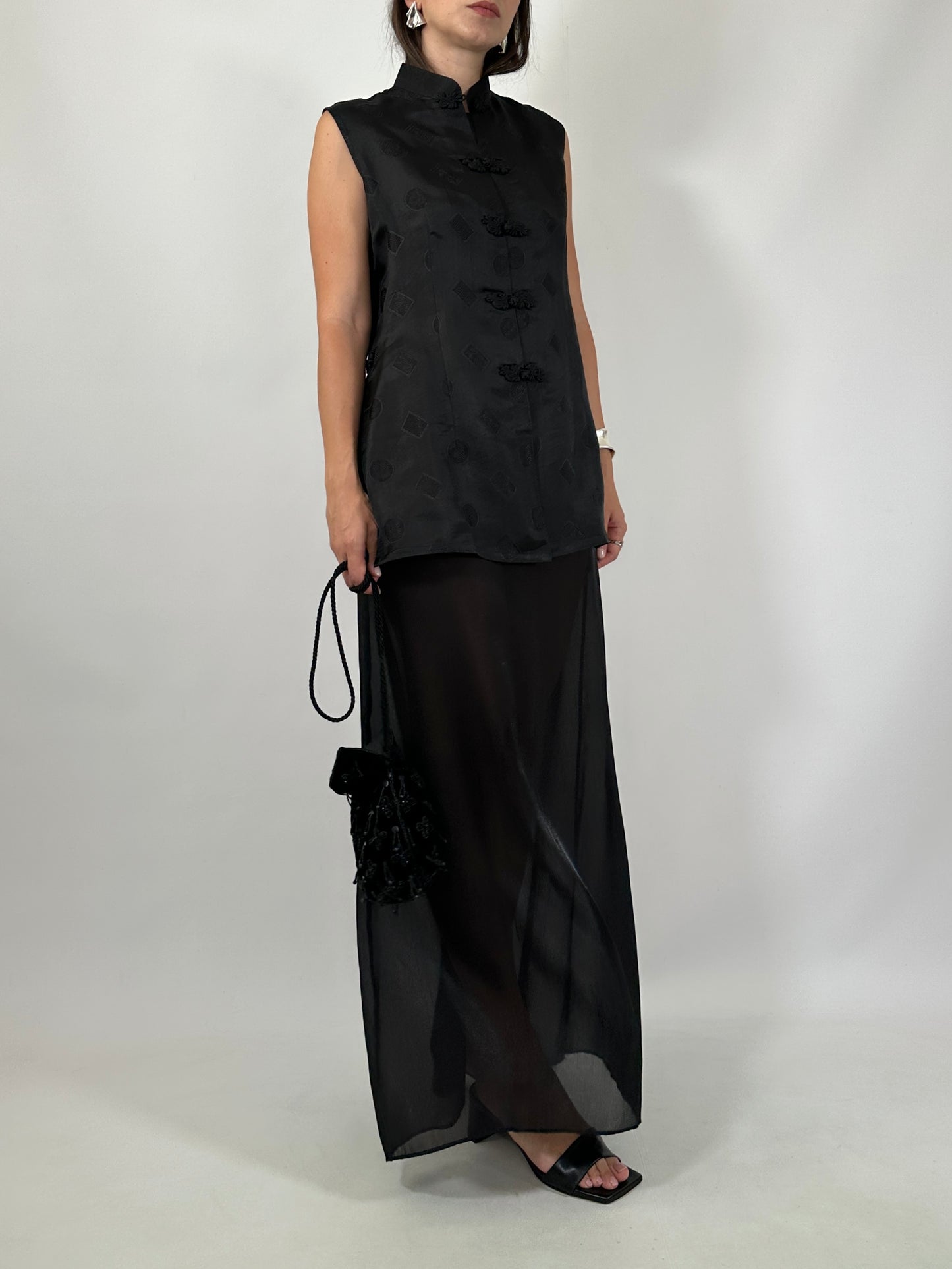 Black Silk Jacquard Frog Closure Blouse