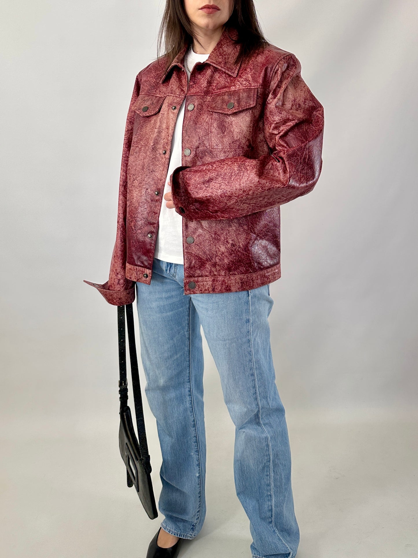Red marble leather trucker jacket