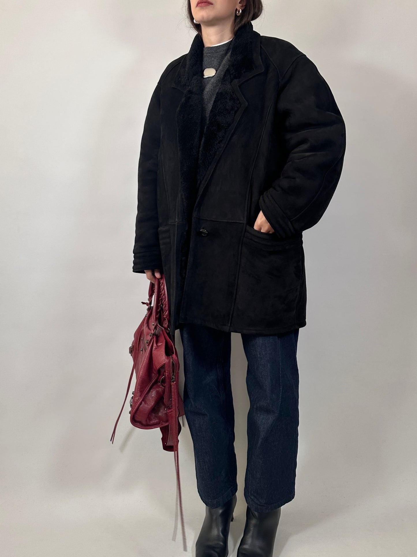 Black Suede Shearling Coat