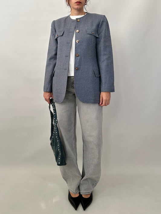 Tailored collarless wool jacket