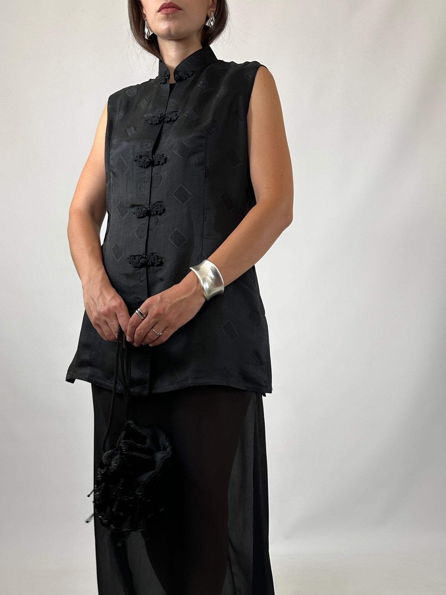 Black Silk Jacquard Frog Closure Blouse