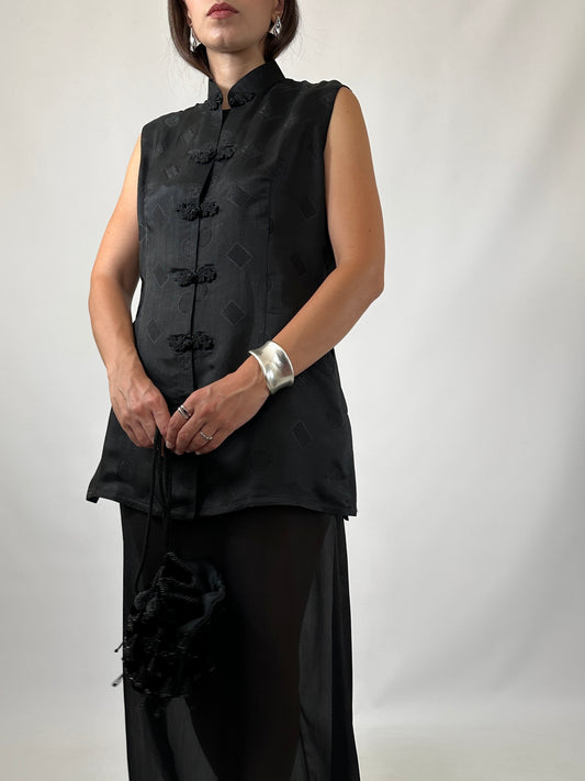 Black Silk Jacquard Frog Closure Blouse
