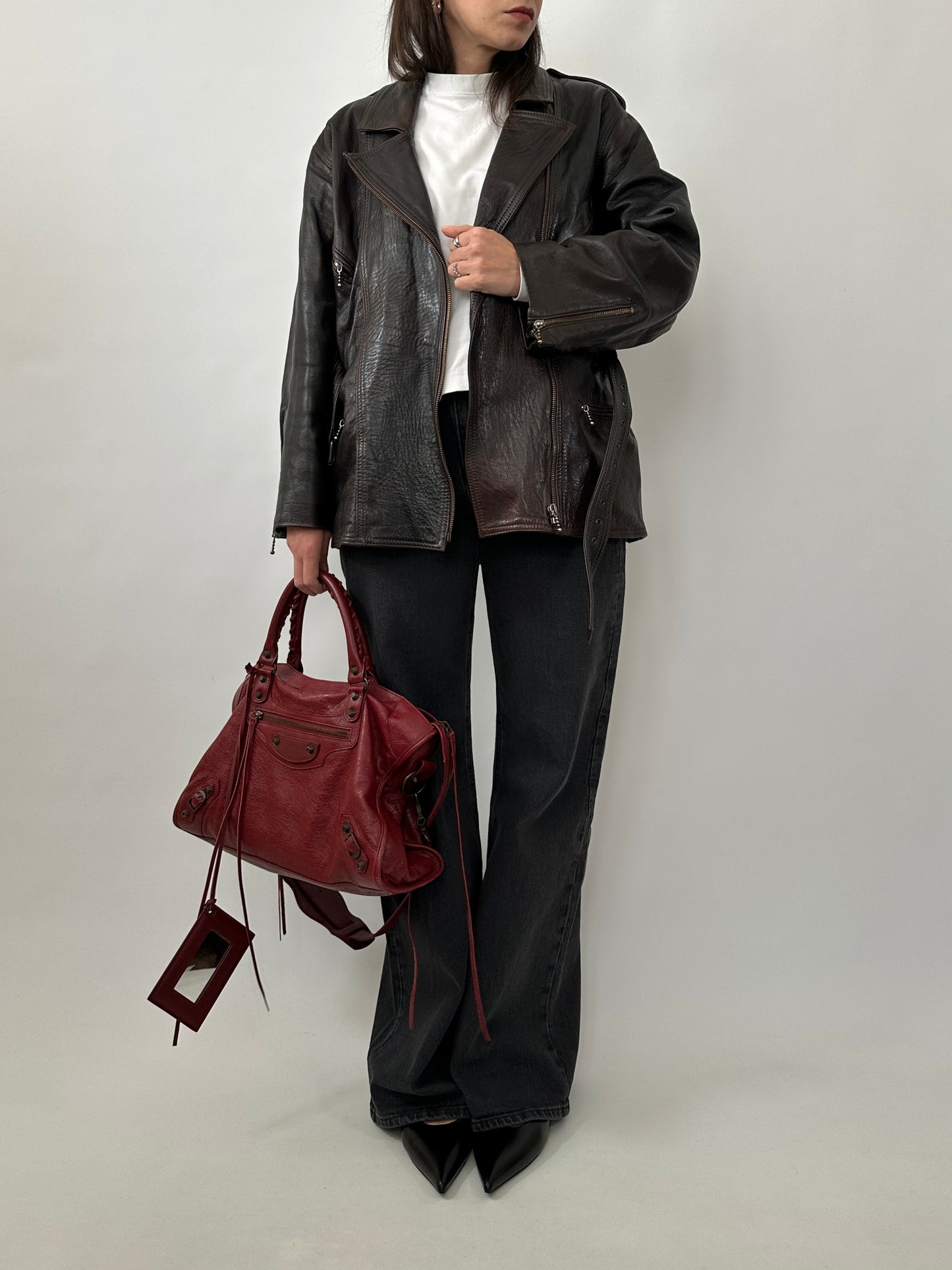 Vintage Dark Brown Leather Belted Jacket