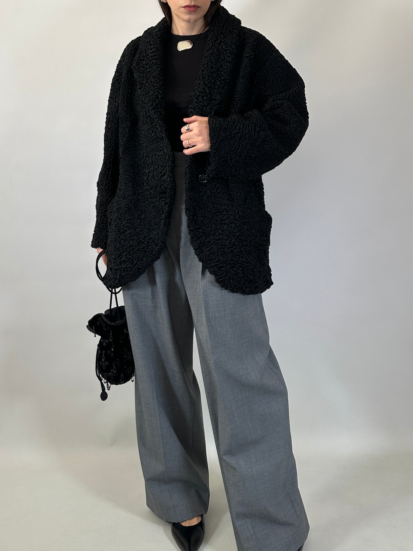 Vintage Black Astrakhan Caban Coat