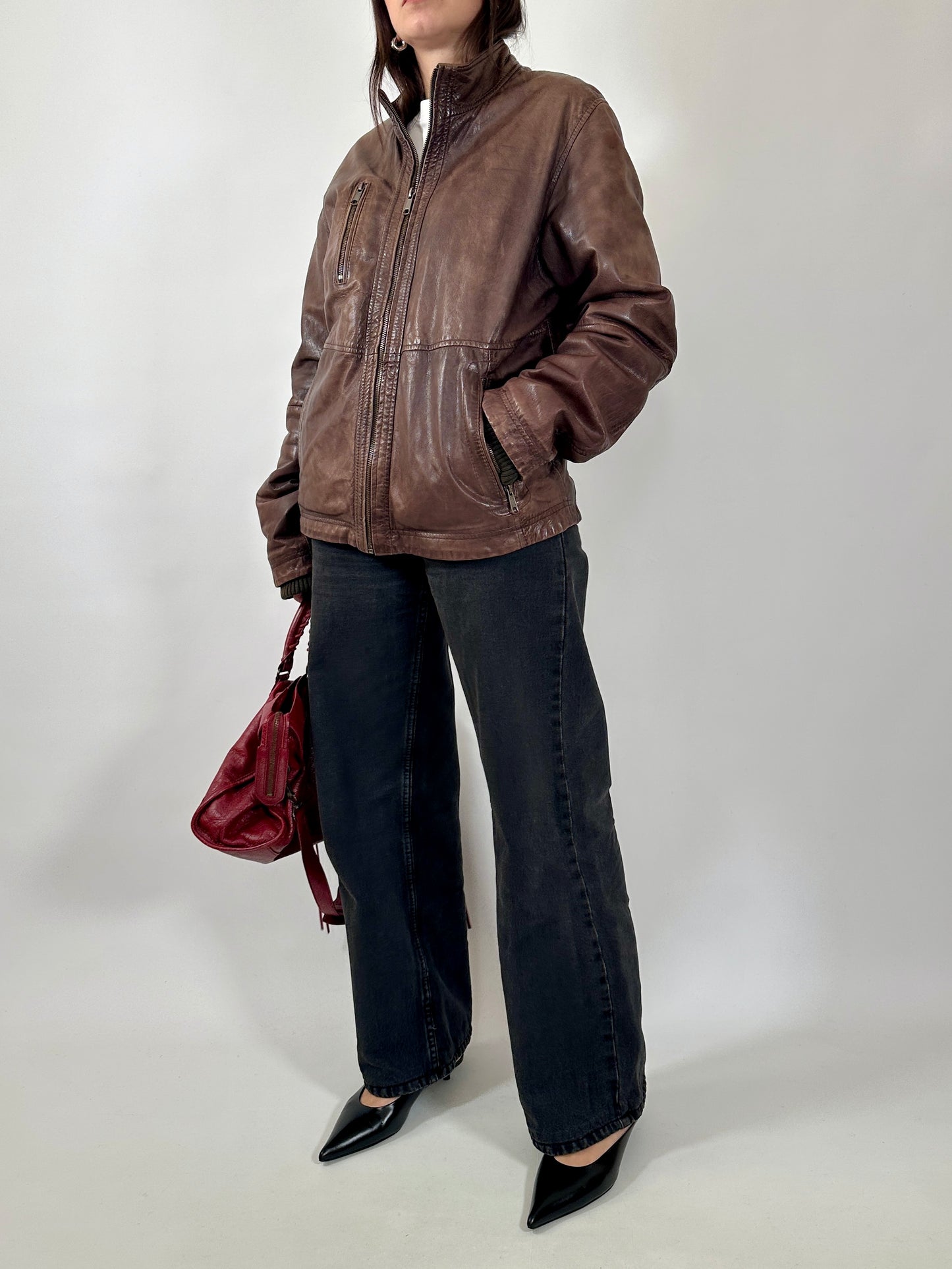 Vintage Brown Leather Zip Jacket