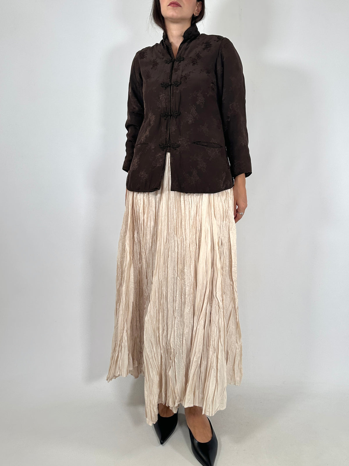 Brown Silk Jacquard Mandarin Jacket