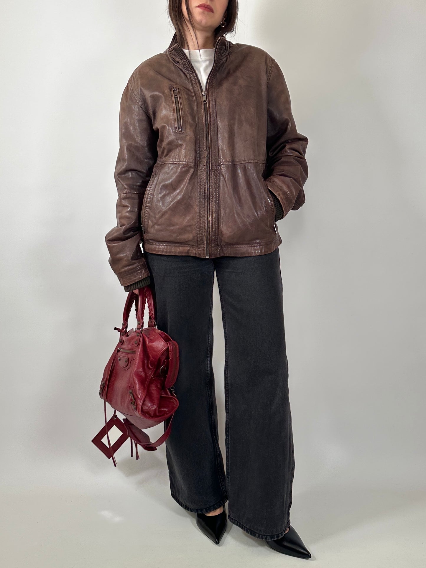Vintage Brown Leather Zip Jacket