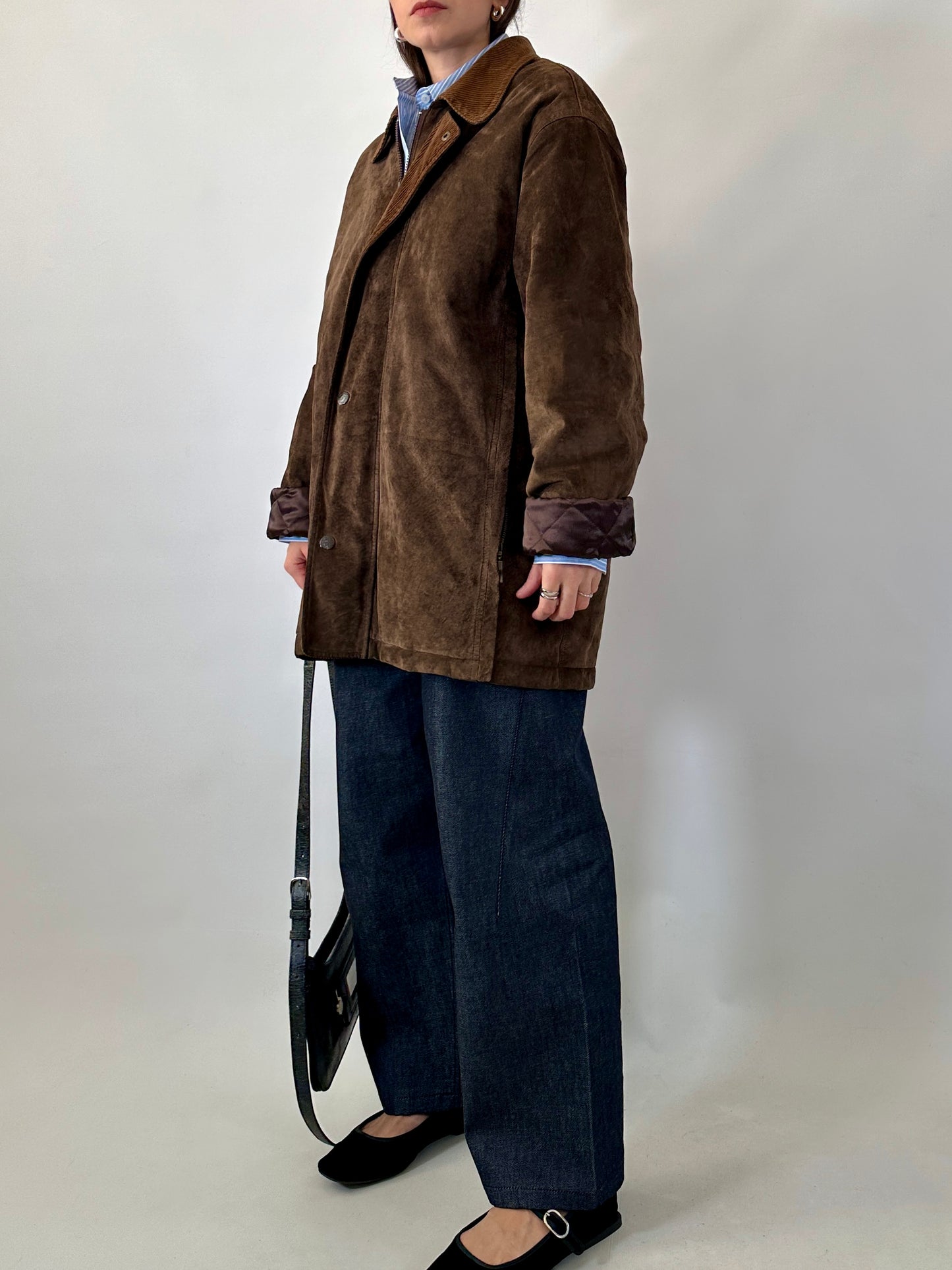 British-style suede jacket with corduroy collar