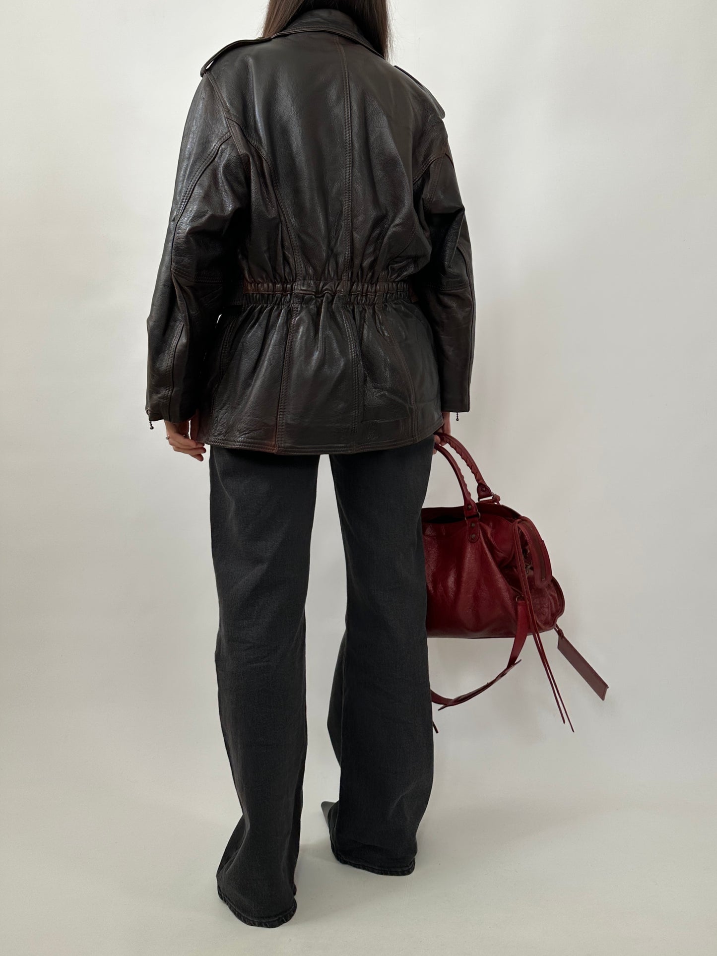 Vintage Dark Brown Leather Belted Jacket