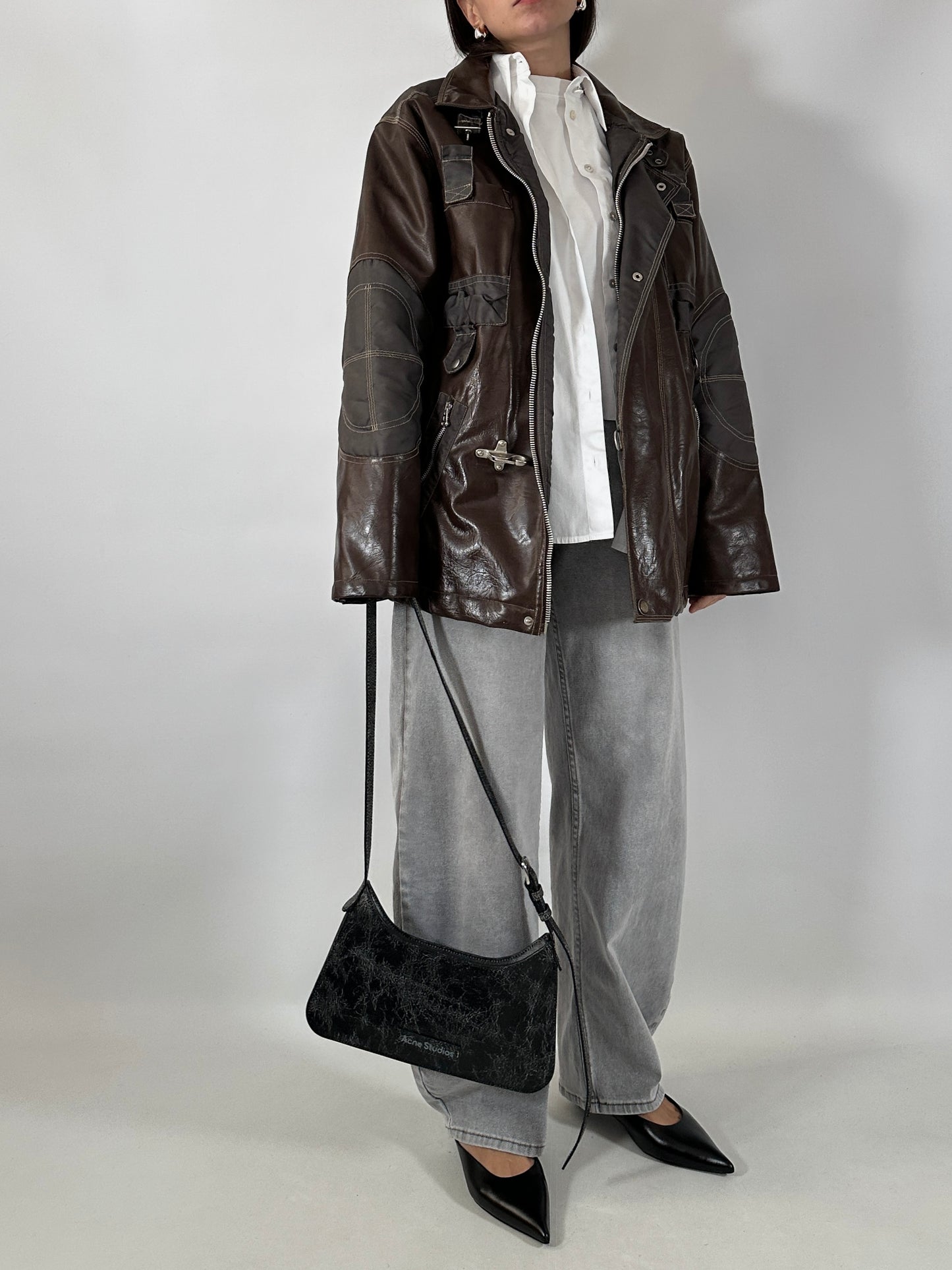 Vintage utility leather and nylon jacket