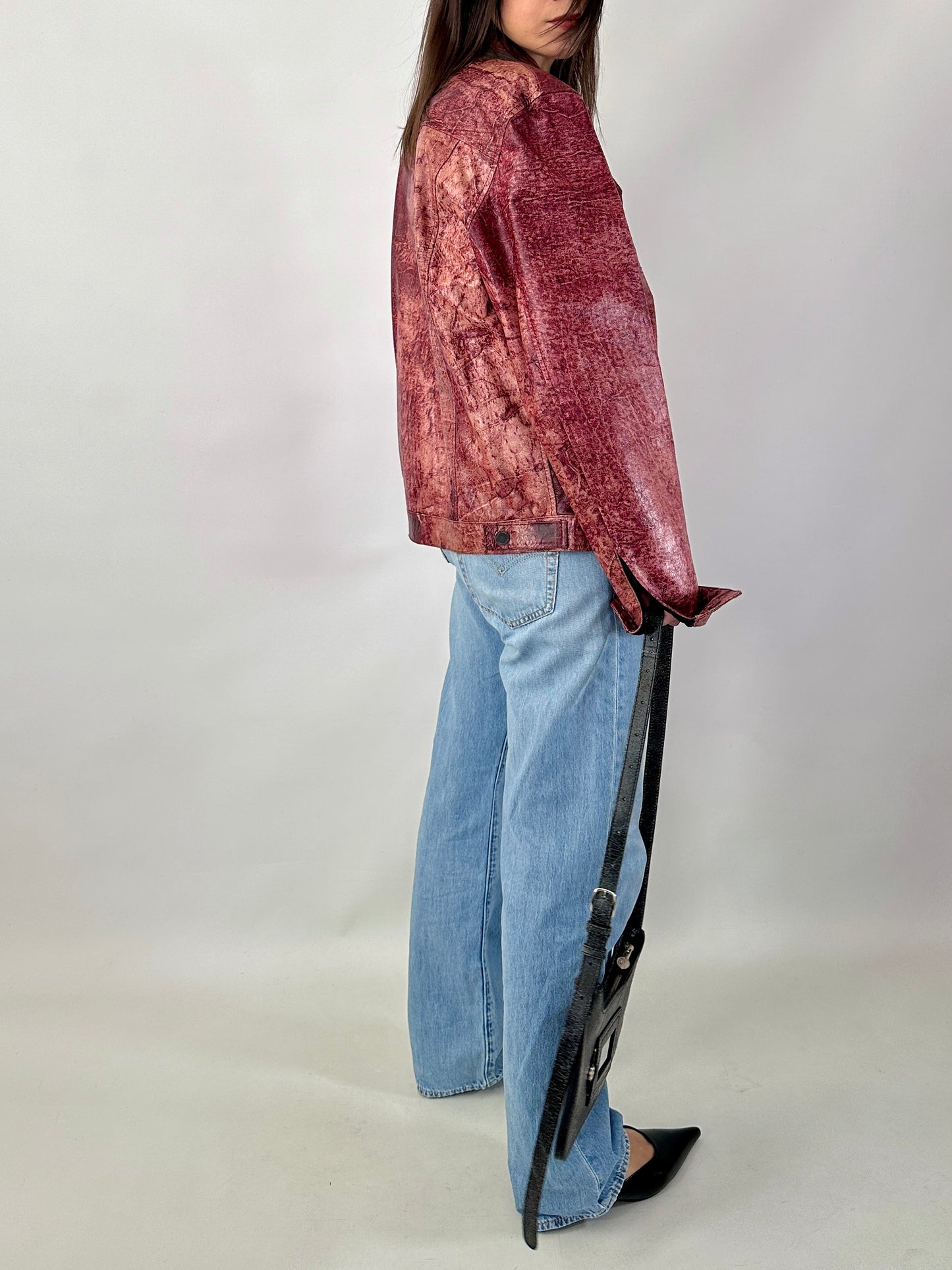 Red marble leather trucker jacket