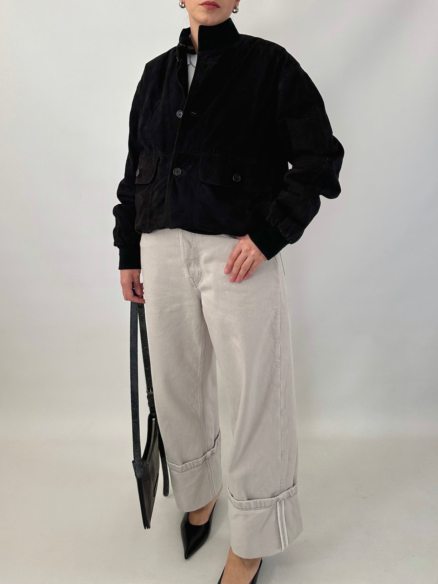 Vintage black bomber jacket in suede