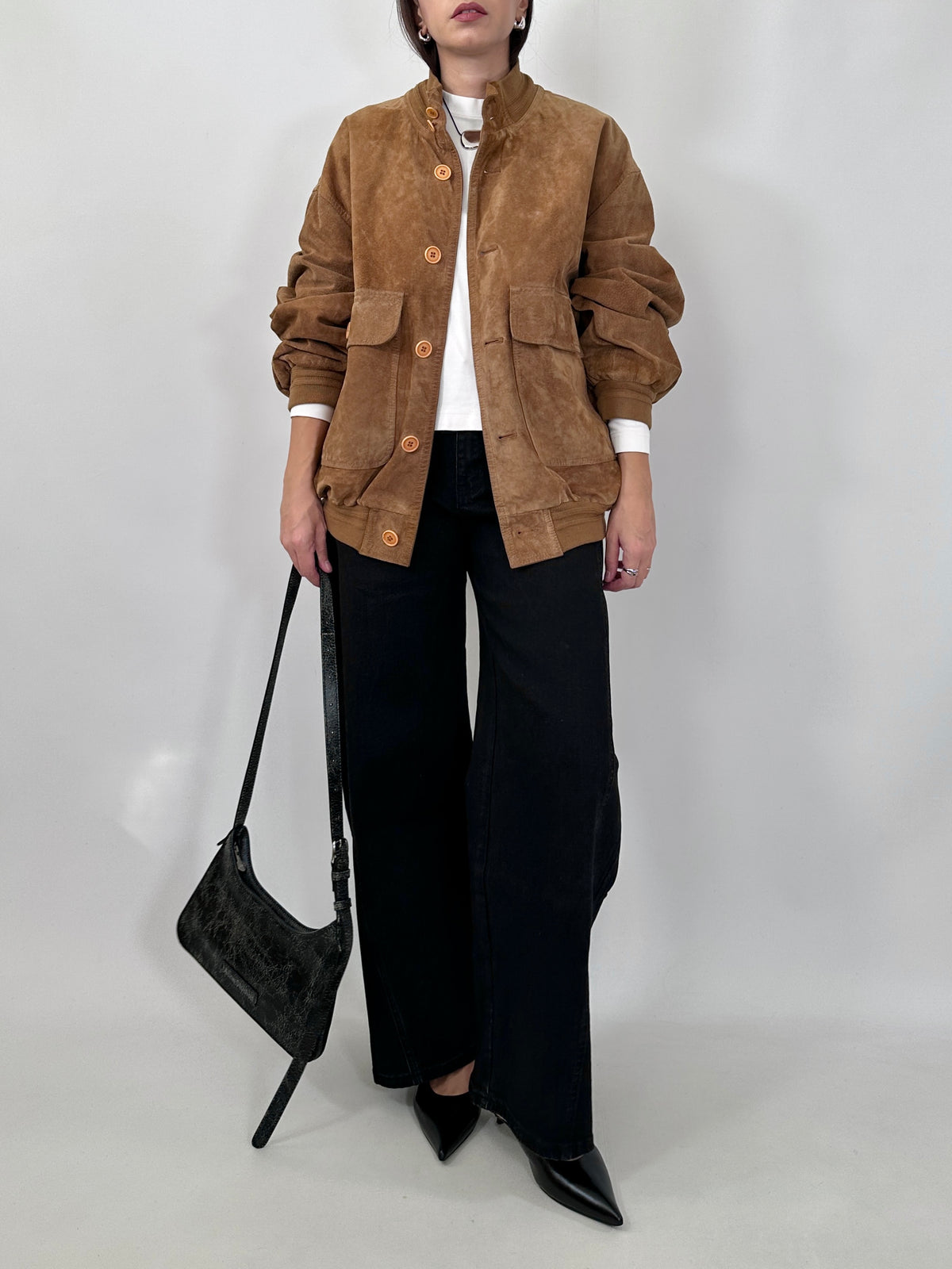 Cognac Suede Bomber Jacket