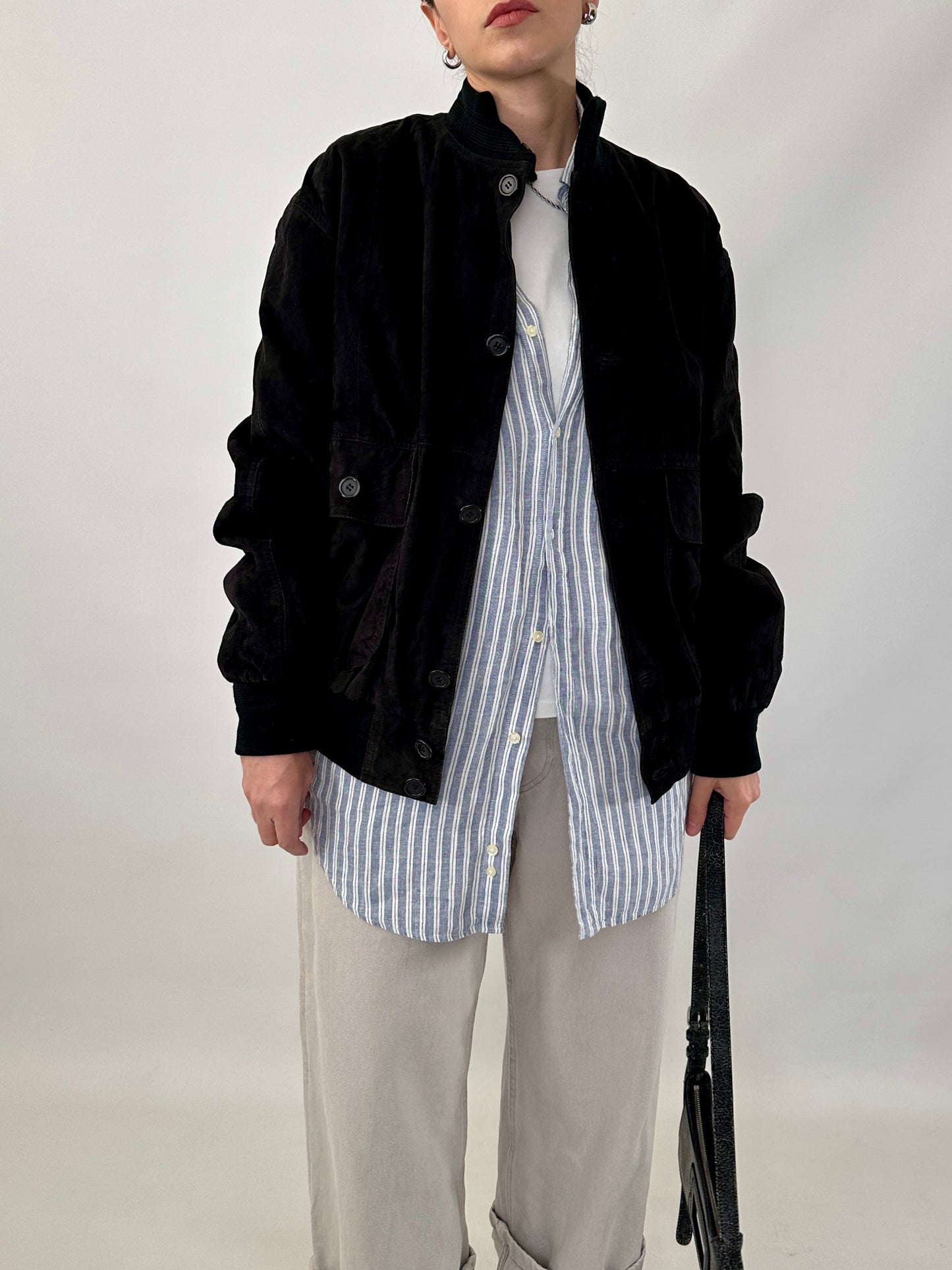 Vintage black bomber jacket in suede