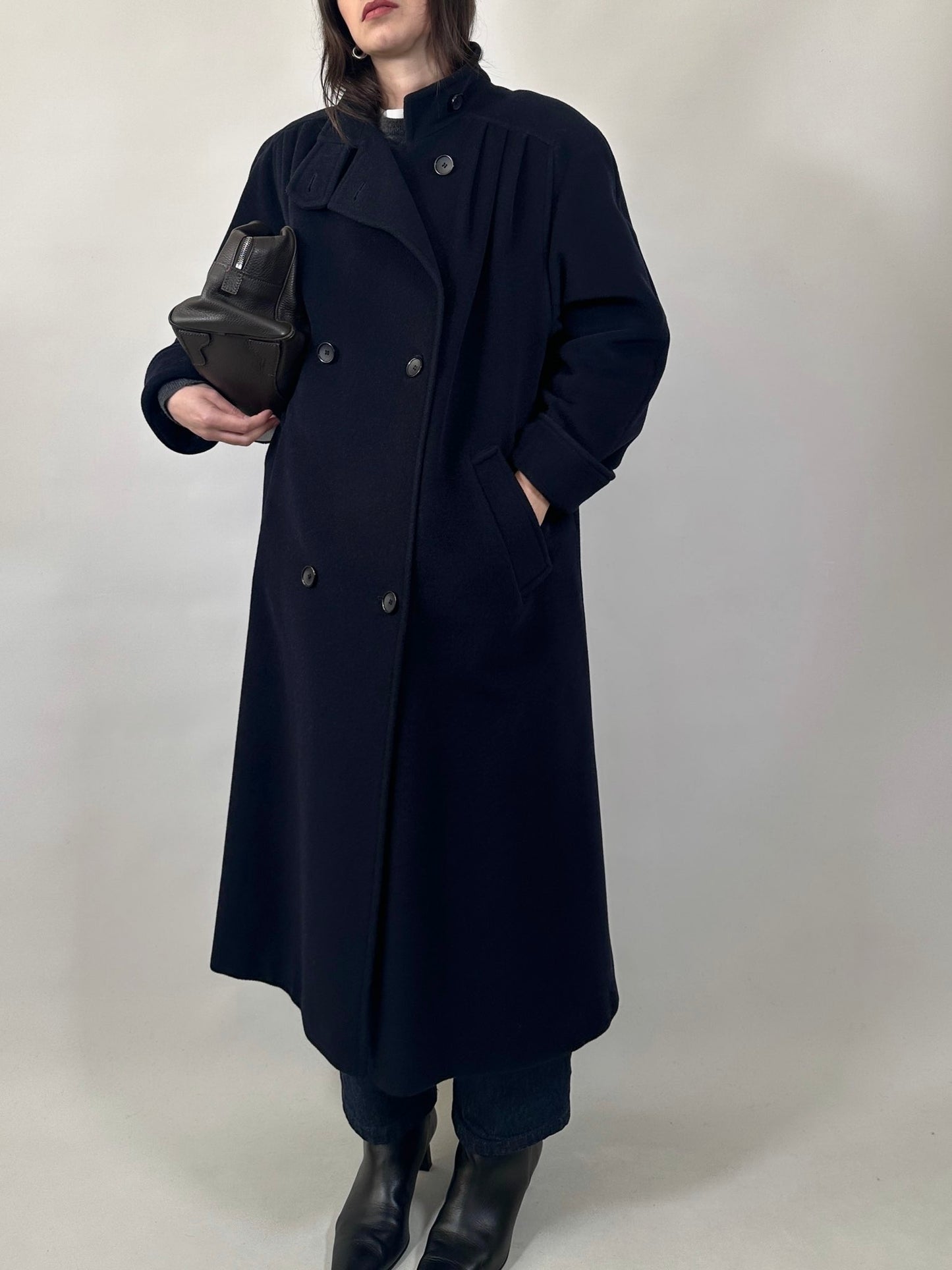 Vintage Long Blue Coat with Pleated Shoulder Detail