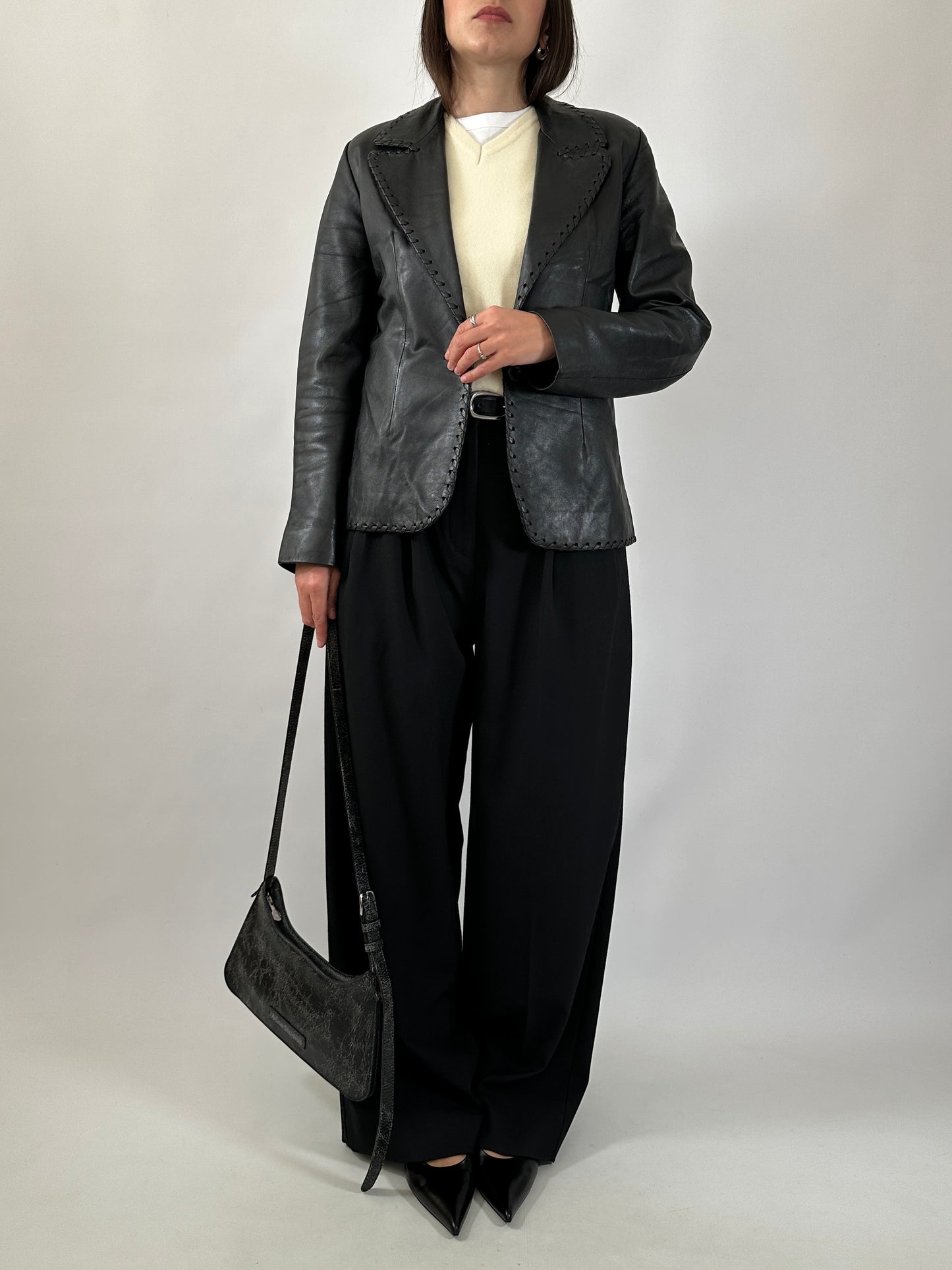 Vintage Stitched Slim Leather Blazer