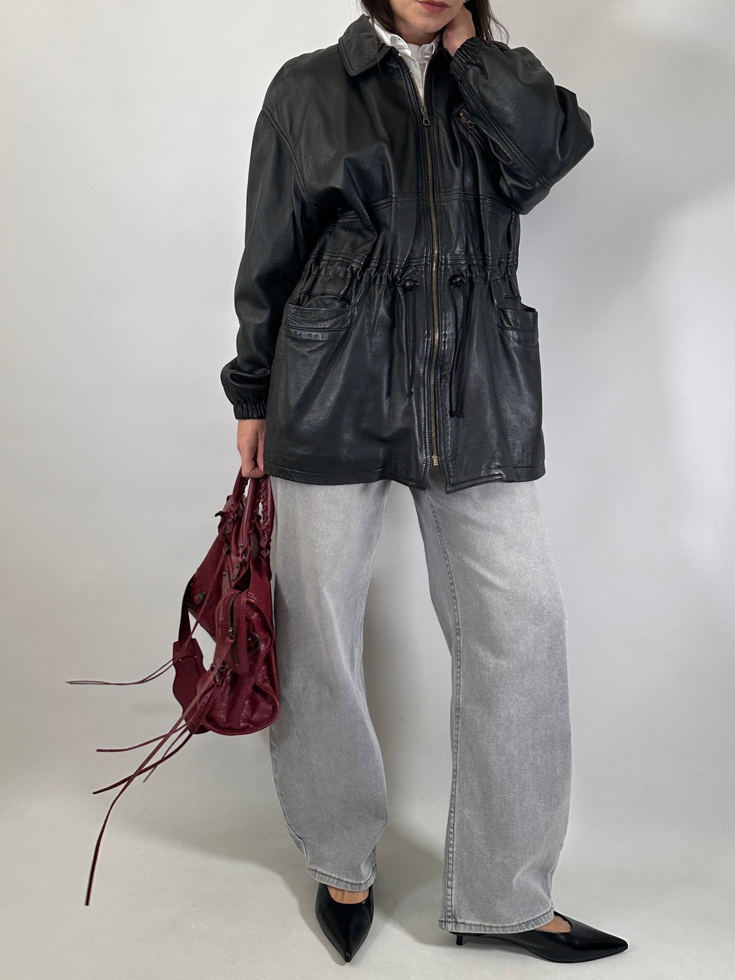 Vintage leather jacket with waist tie detail