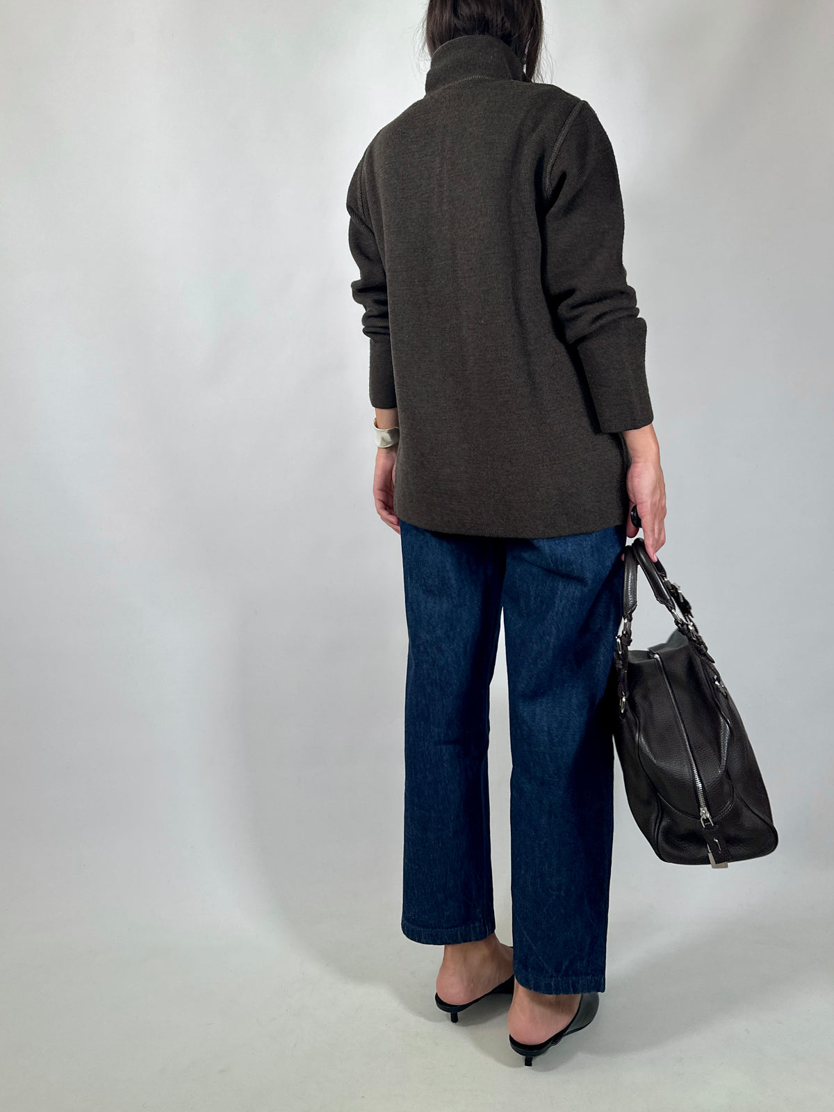 Brown Zip-Up Knit Cardigan