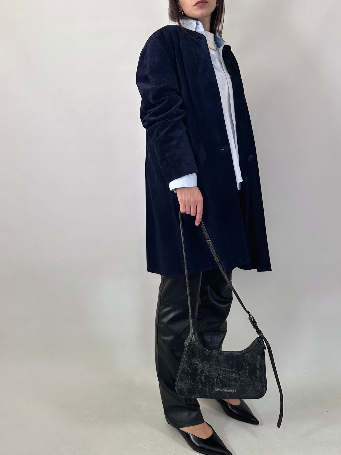 Vintage suede coat with back button detail