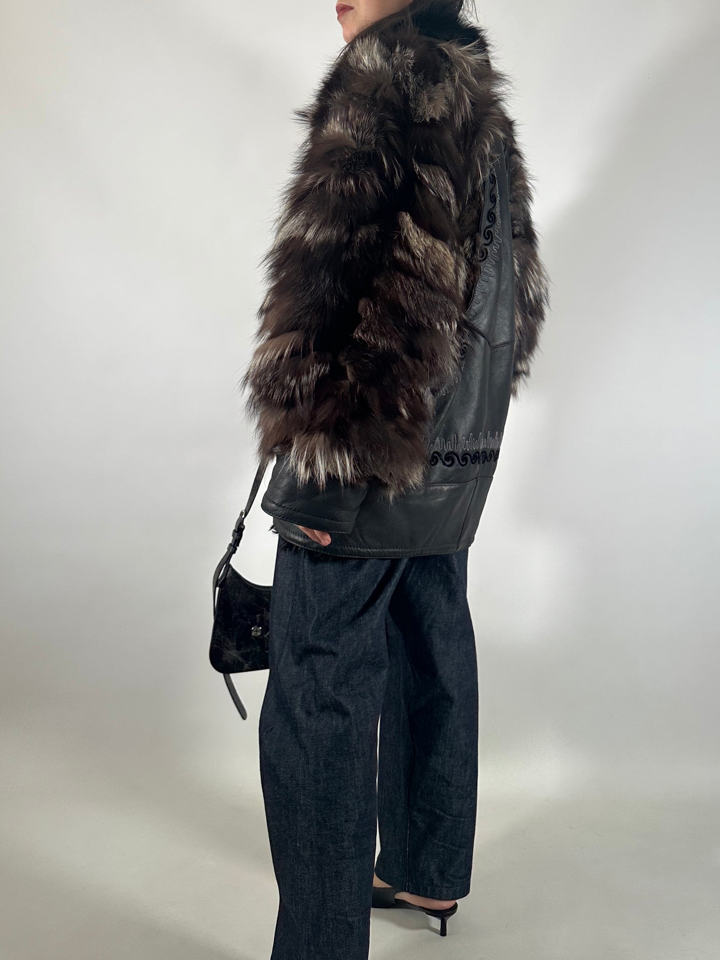 Embroidered Shearling Jacket with Fur Sleeves