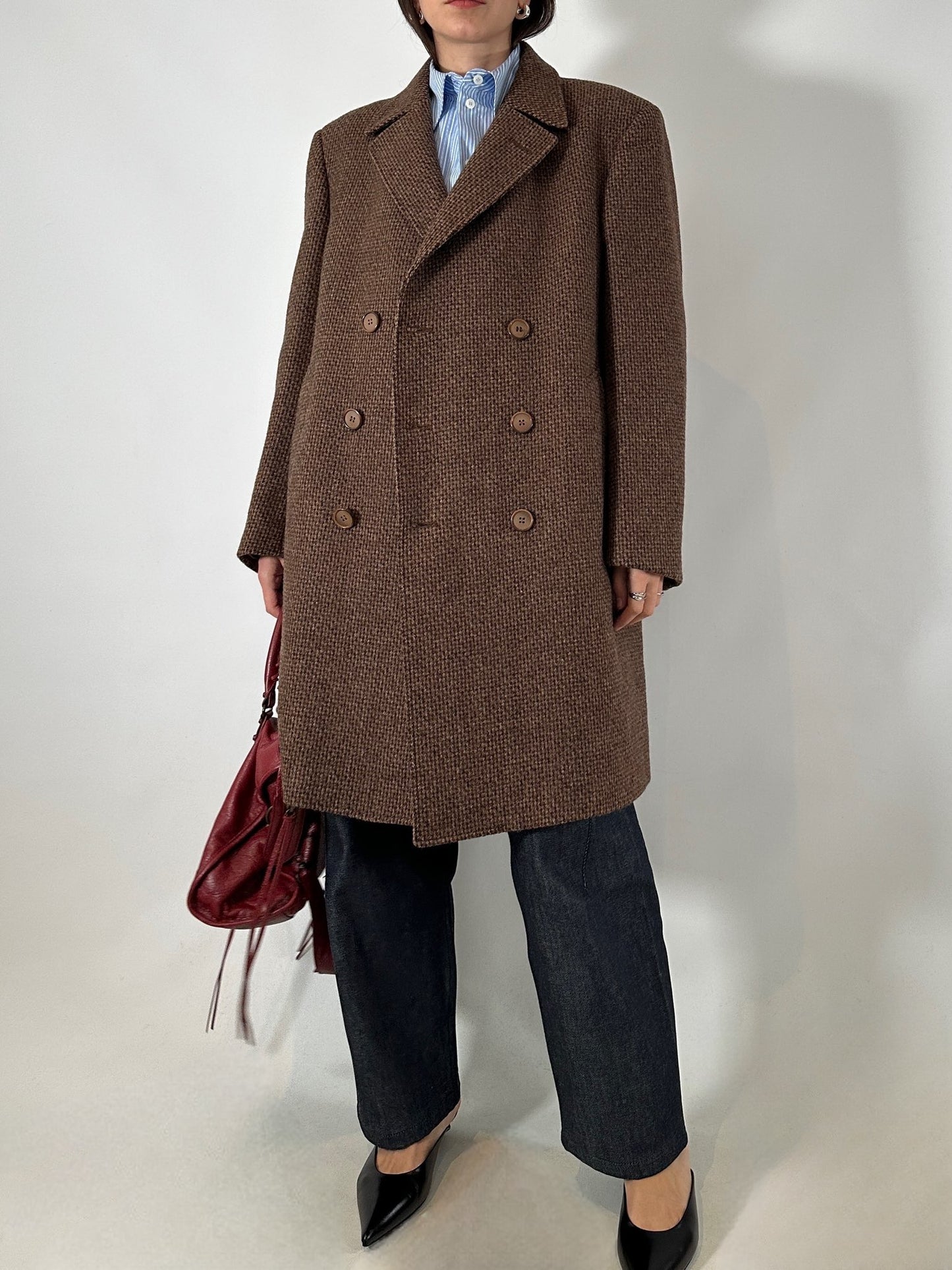 Brown tweed double-breasted coat