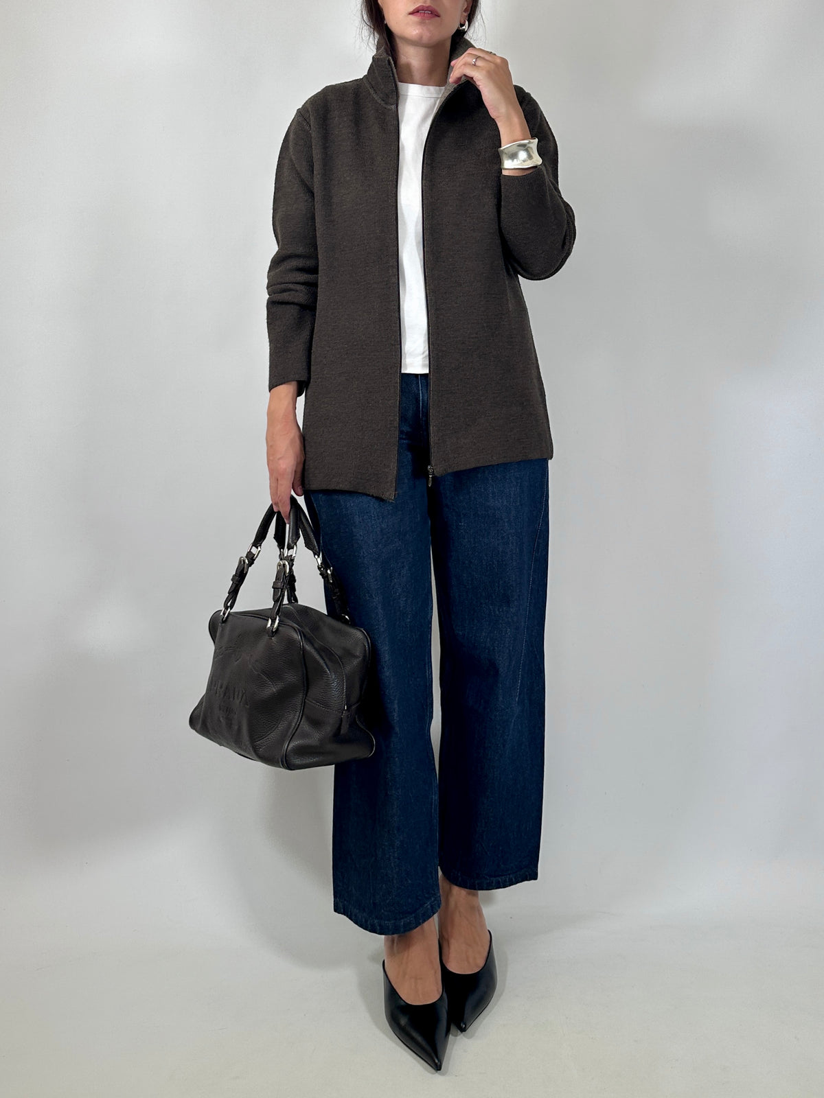 Brown Zip-Up Knit Cardigan