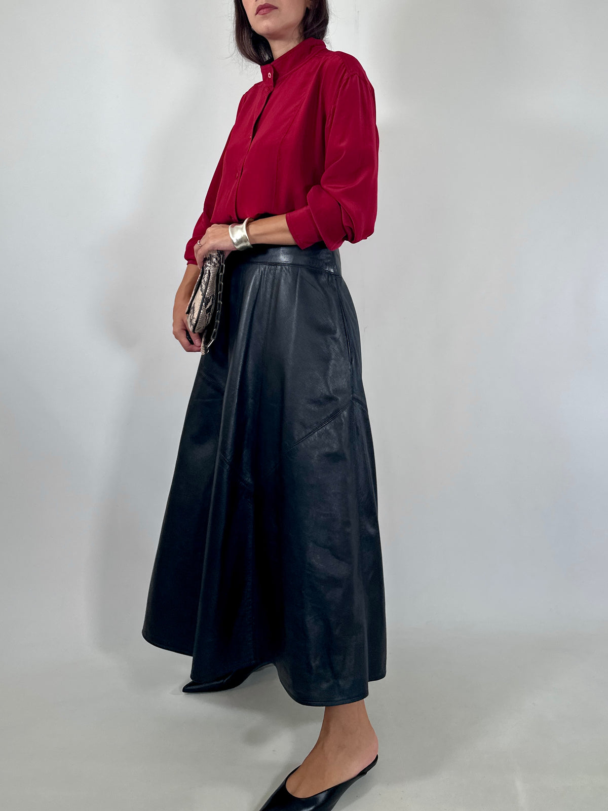 Red Silk Mandarin Collar Shirt