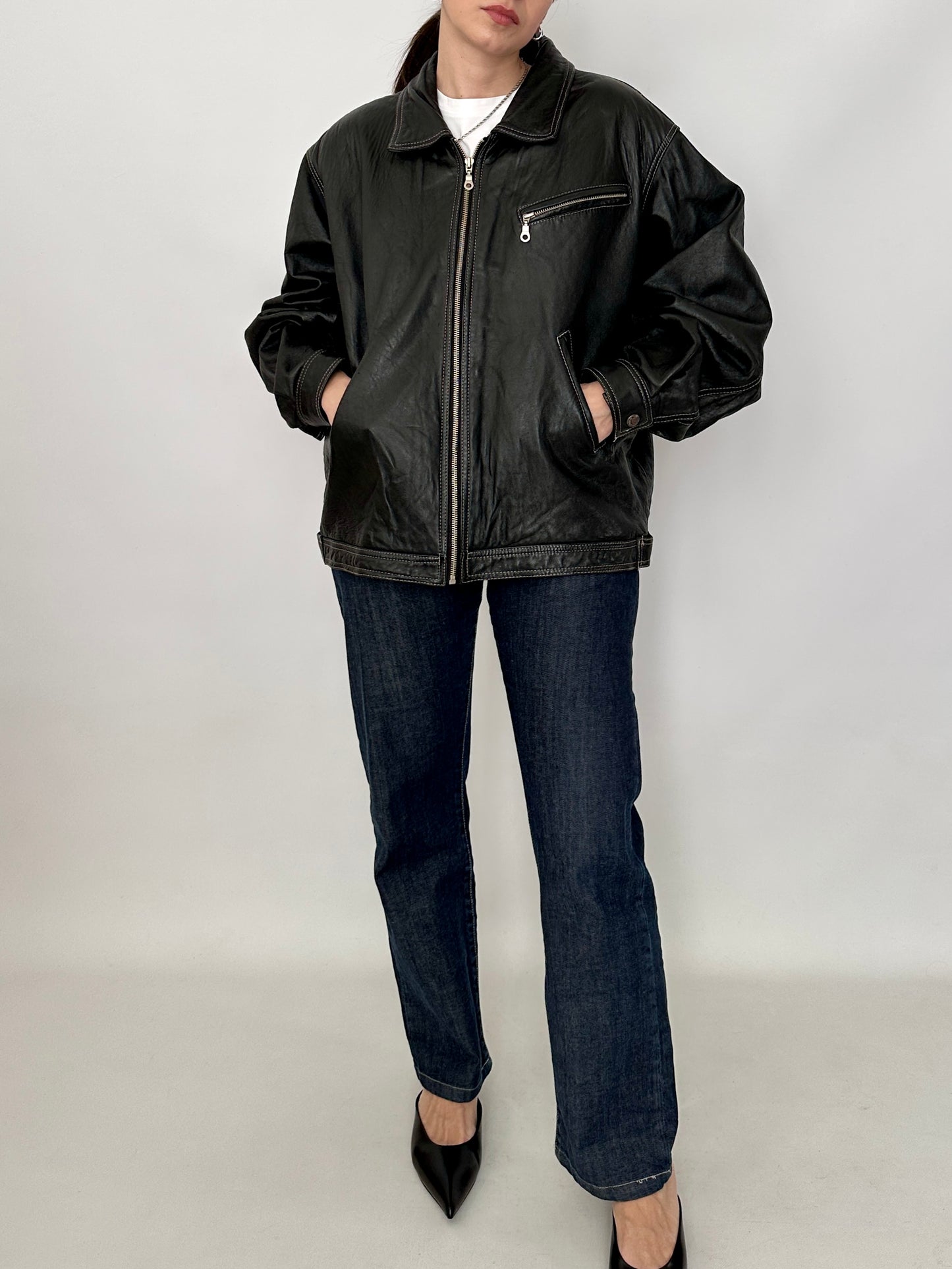 Genuine leather harrington jacket with contrast stitching