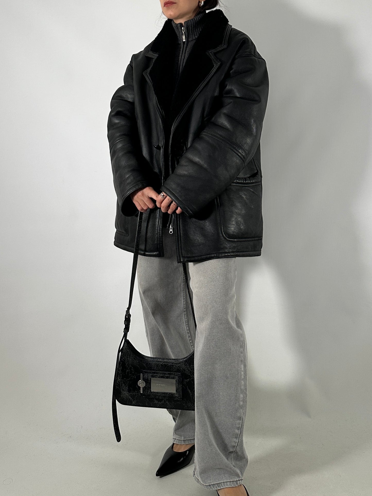 Vintage black shearling coat