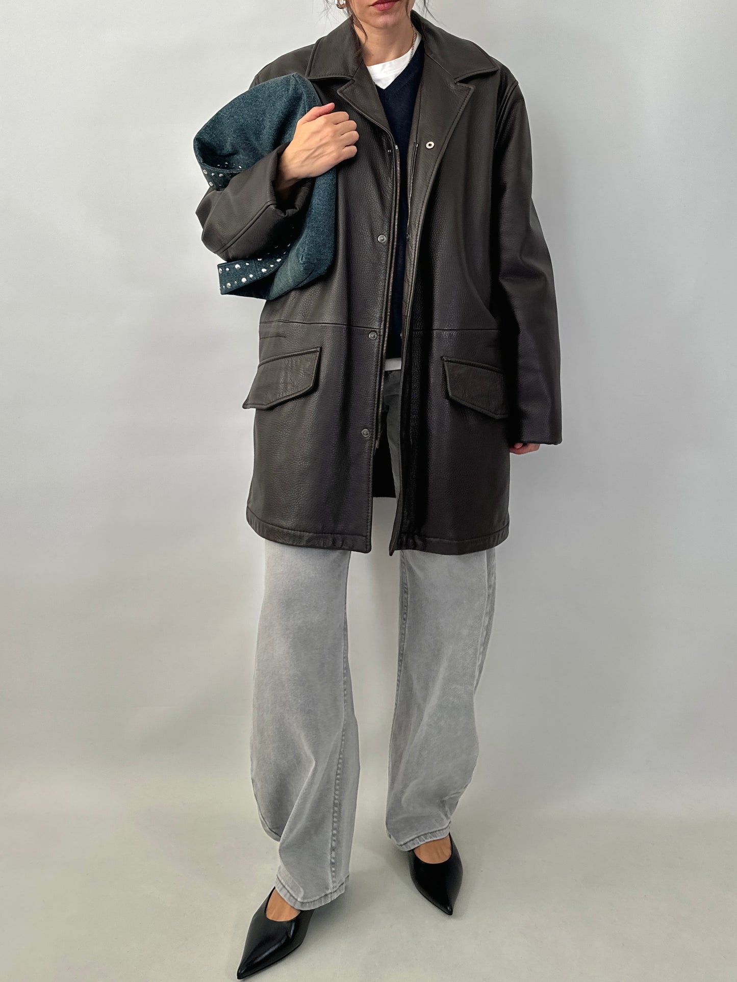 Grained lamb leather brown coat