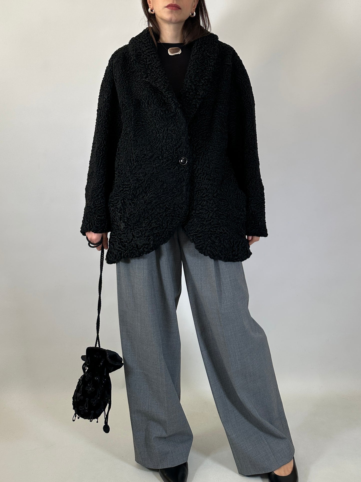 Vintage Black Astrakhan Caban Coat