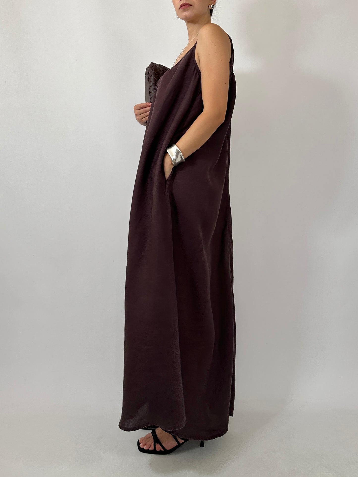 Chocolate Brown 100% Linen Maxi Dress