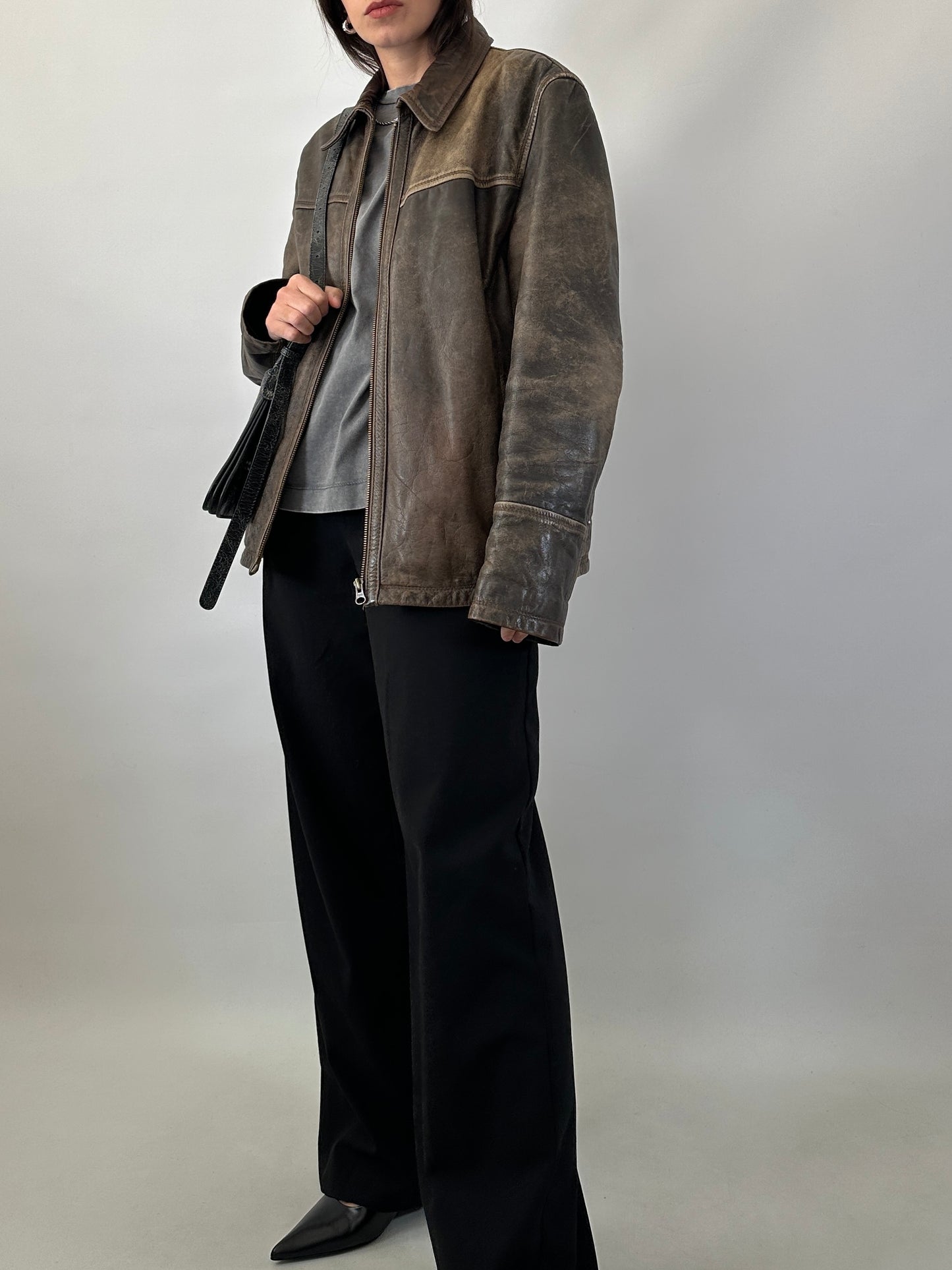 Distressed effect real leather jacket