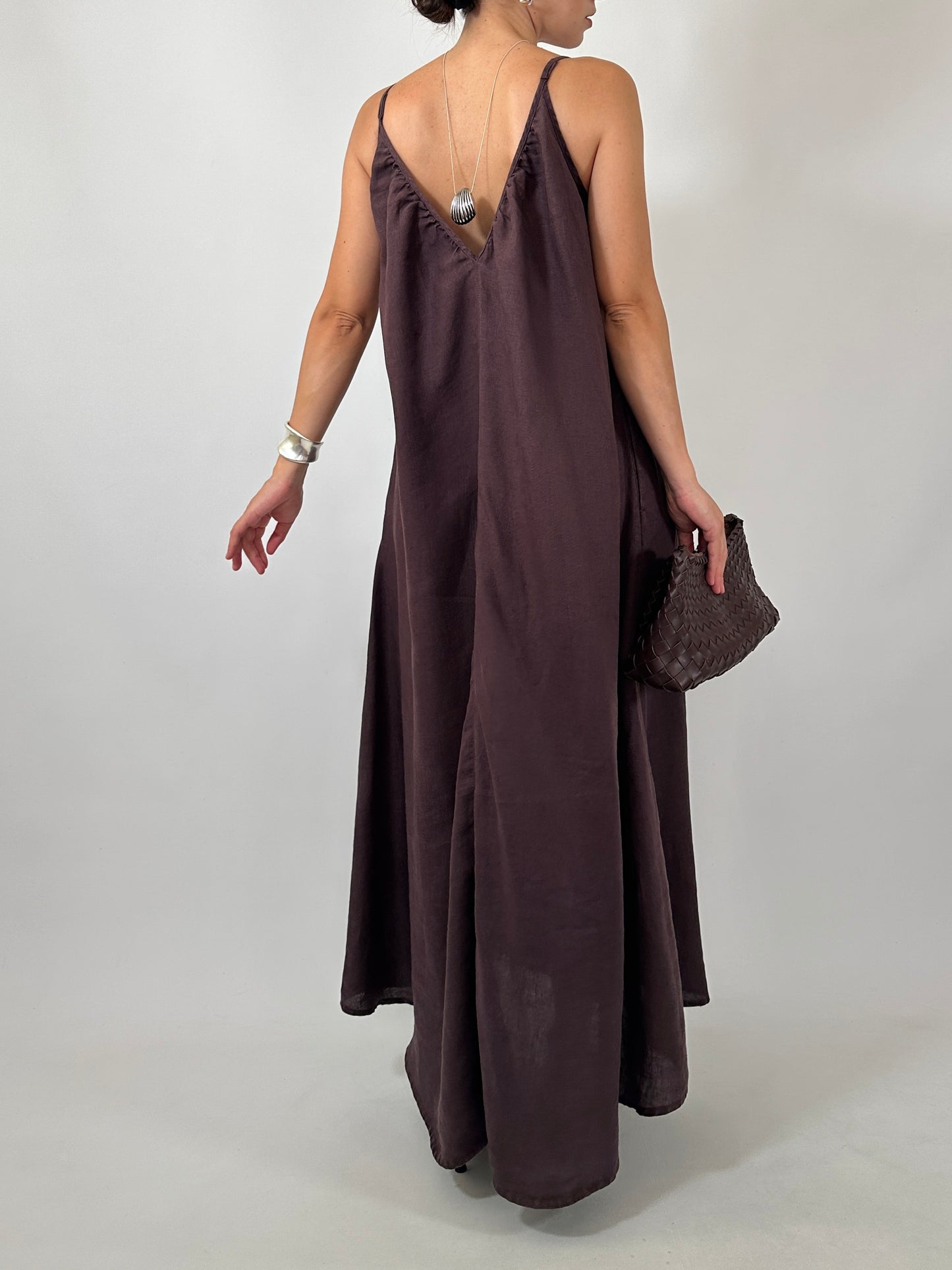 Chocolate Brown 100% Linen Maxi Dress