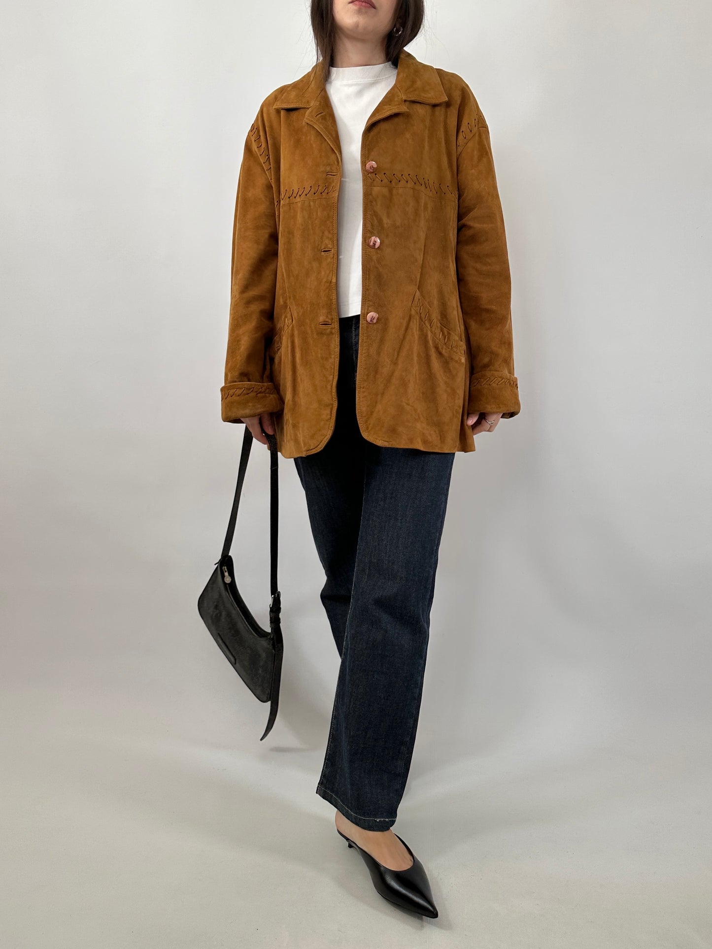 Vintage Suede Jacket with Cross-Stitch Details