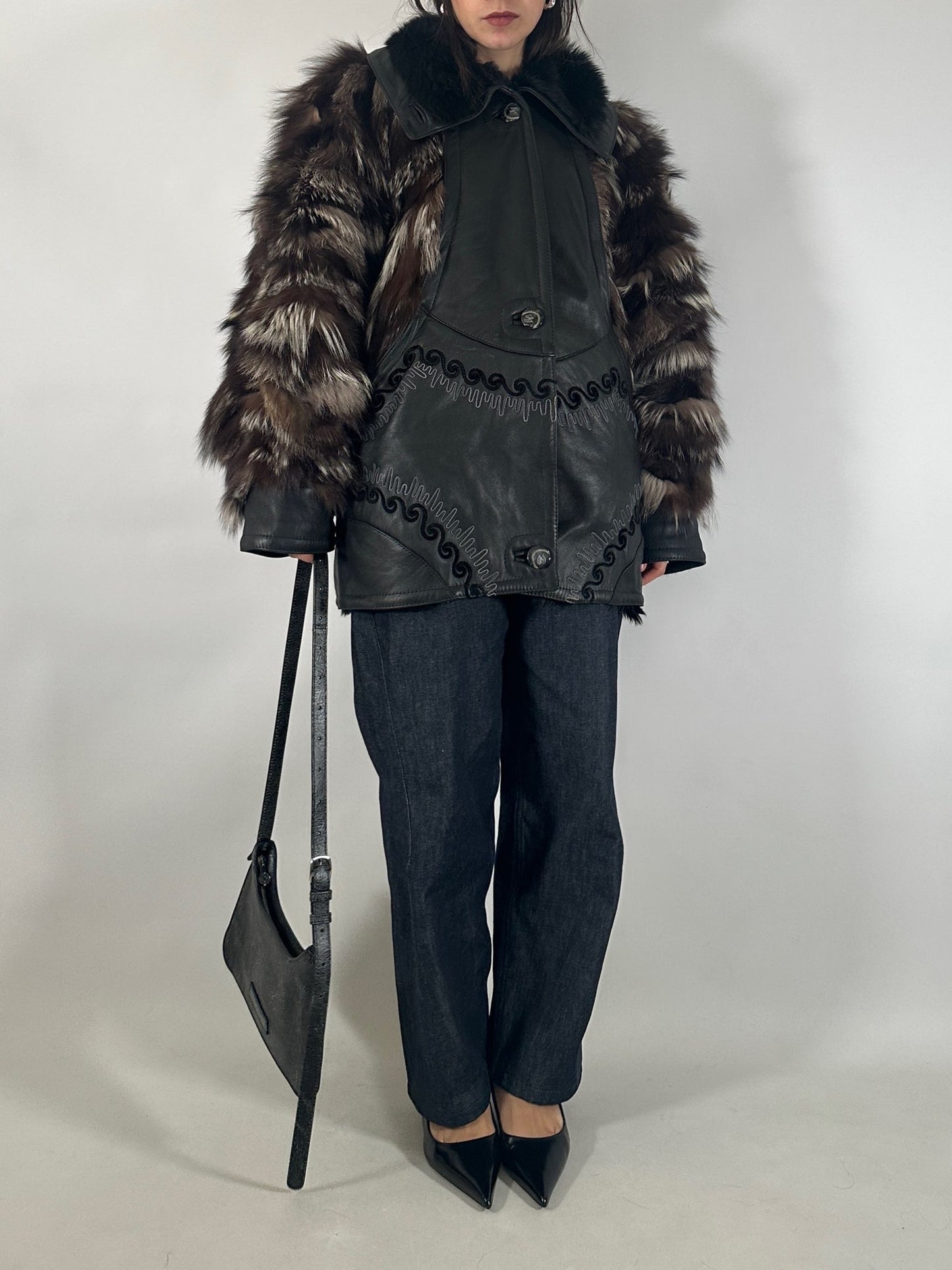 Embroidered Shearling Jacket with Fur Sleeves