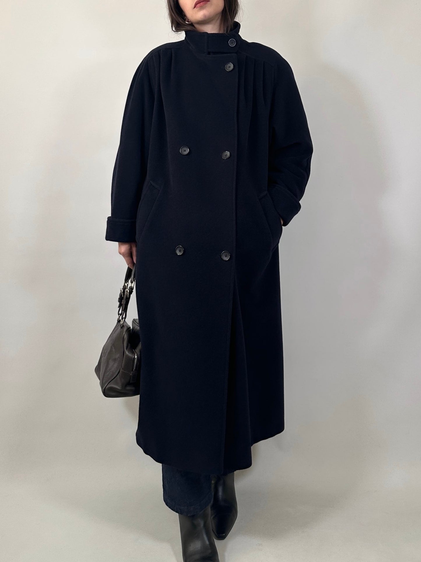 Vintage Long Blue Coat with Pleated Shoulder Detail